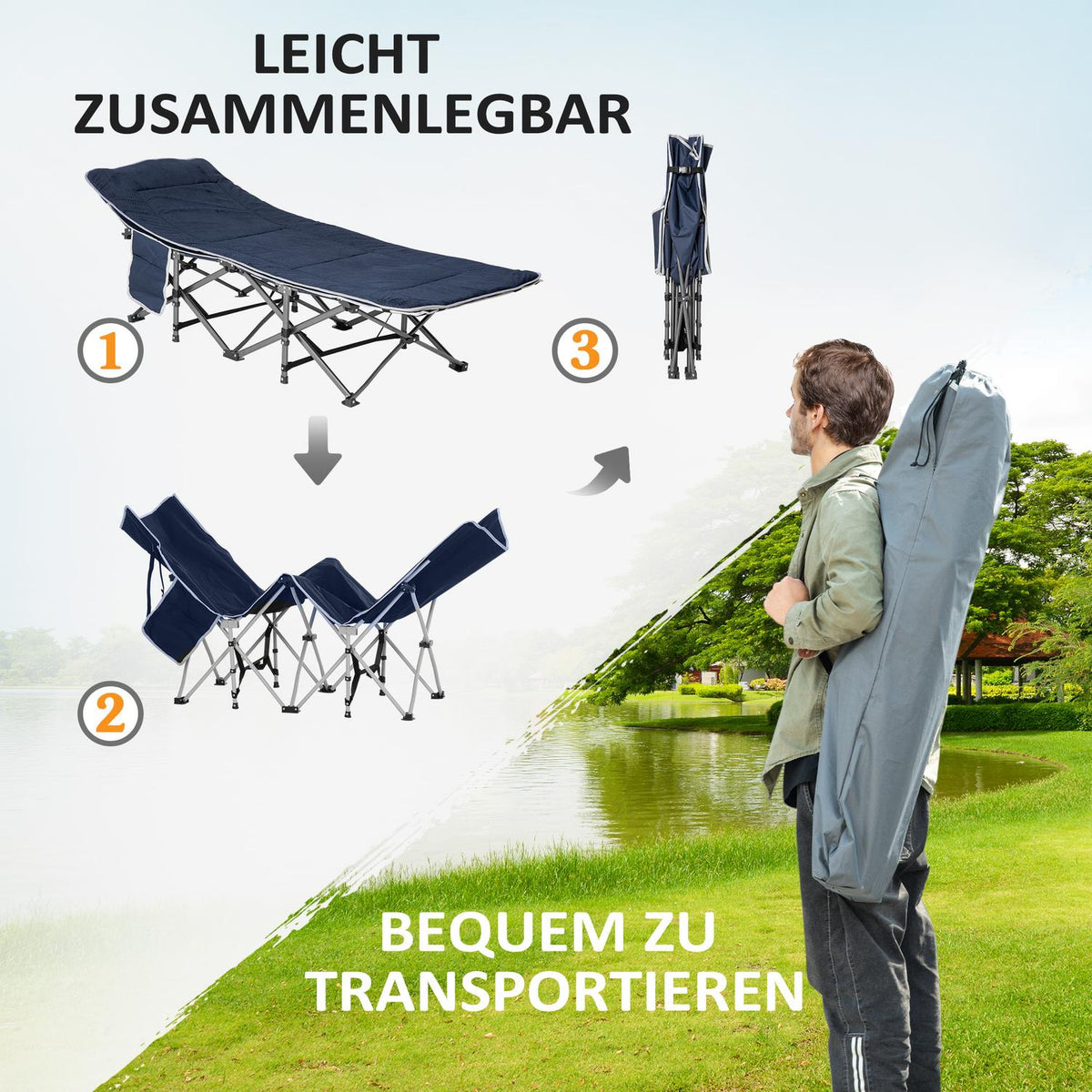 Camping bed, folding camp bed, folding bed with pillow, side pocket, mattress, guest bed, can hold up to 150 kg, travel, outdoor, Oxford, dark blue, 188 x 64.5 x 53 cm