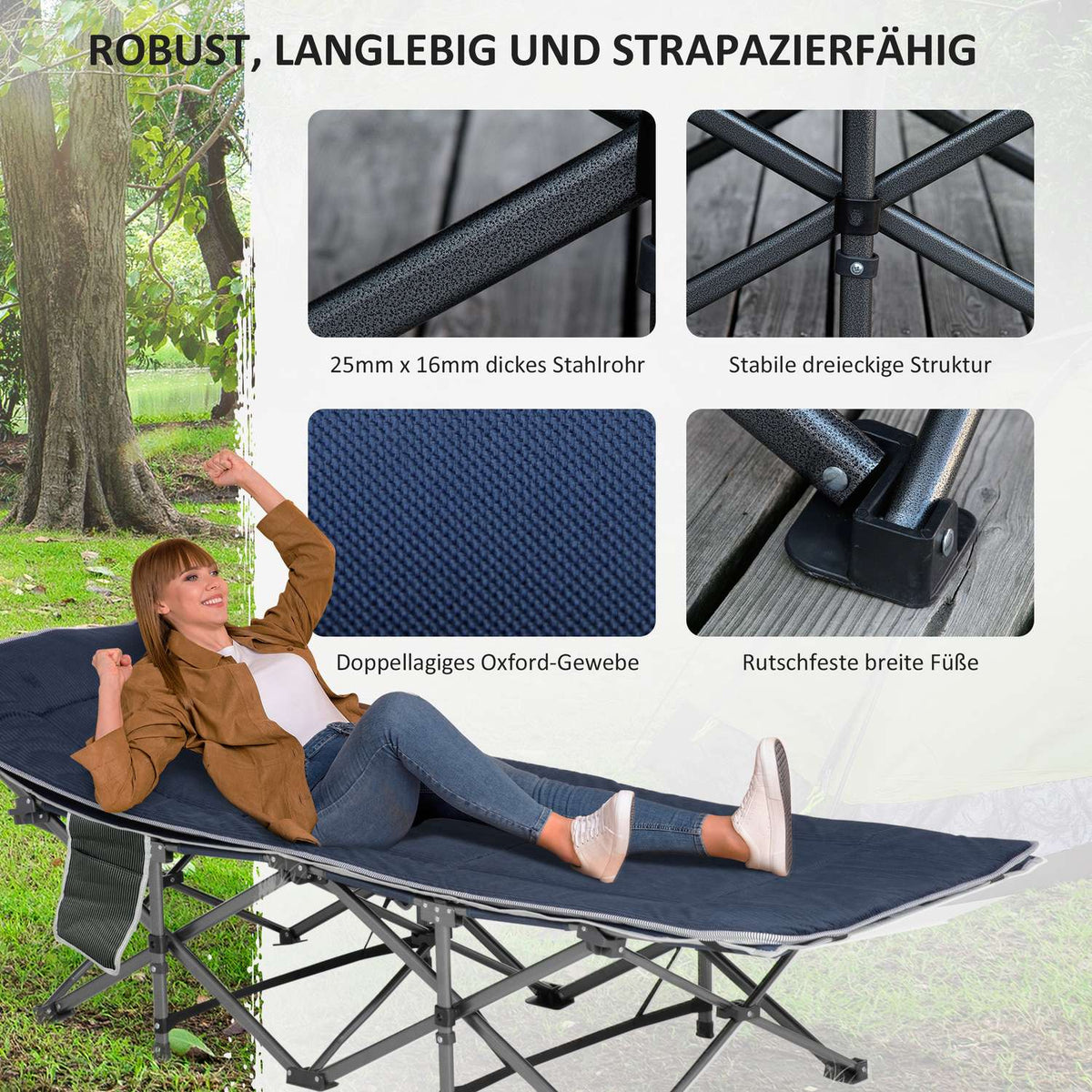 Camping bed, folding camp bed, folding bed with pillow, side pocket, mattress, guest bed, can hold up to 150 kg, travel, outdoor, Oxford, dark blue, 188 x 64.5 x 53 cm