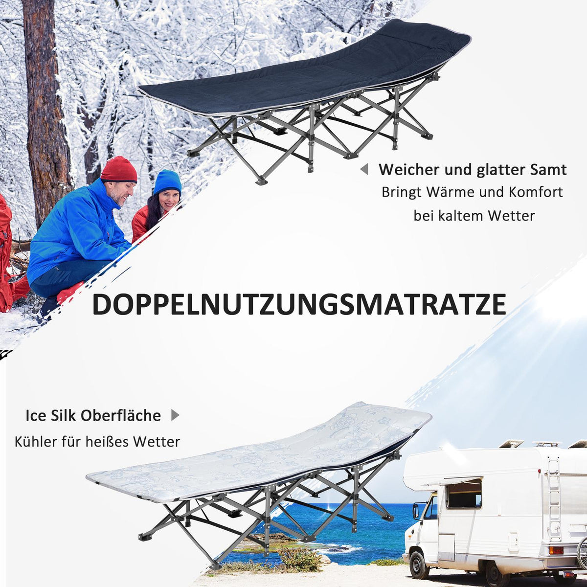 Camping bed, folding camp bed, folding bed with pillow, side pocket, mattress, guest bed, can hold up to 150 kg, travel, outdoor, Oxford, dark blue, 188 x 64.5 x 53 cm
