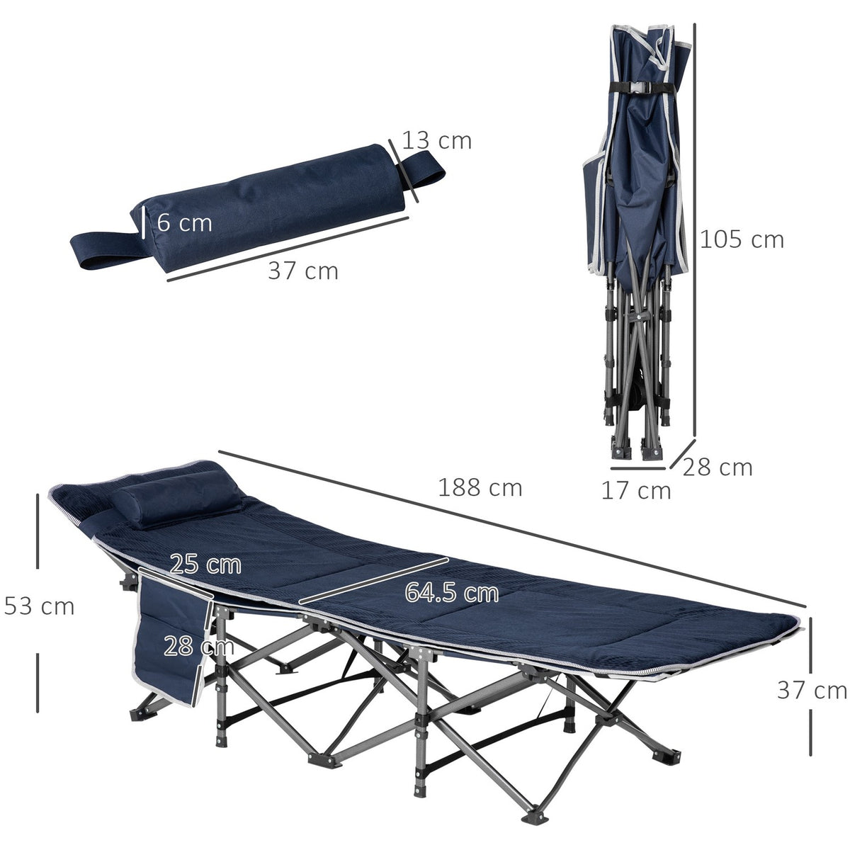 Camping bed, folding camp bed, folding bed with pillow, side pocket, mattress, guest bed, can hold up to 150 kg, travel, outdoor, Oxford, dark blue, 188 x 64.5 x 53 cm