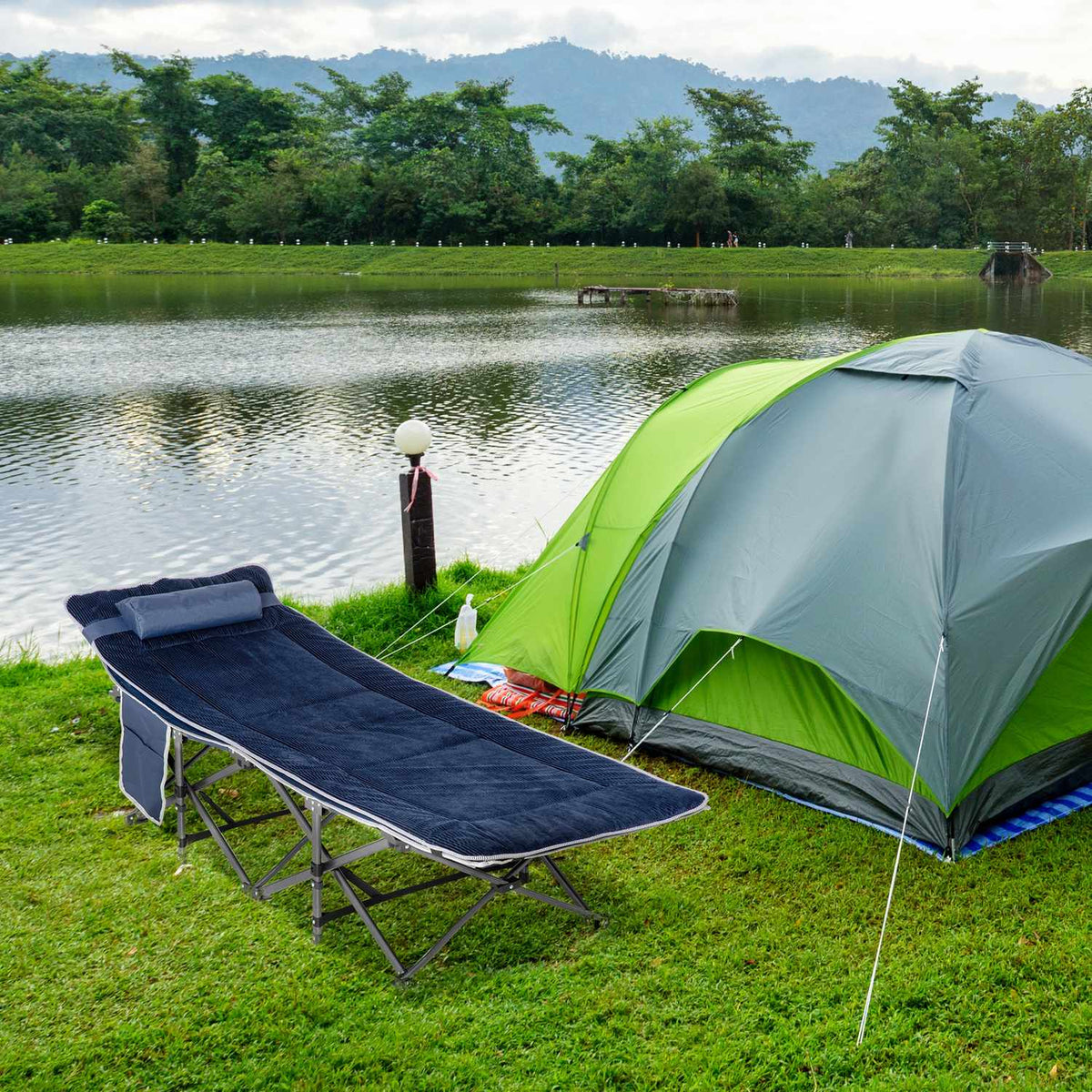 Camping bed, folding camp bed, folding bed with pillow, side pocket, mattress, guest bed, can hold up to 150 kg, travel, outdoor, Oxford, dark blue, 188 x 64.5 x 53 cm