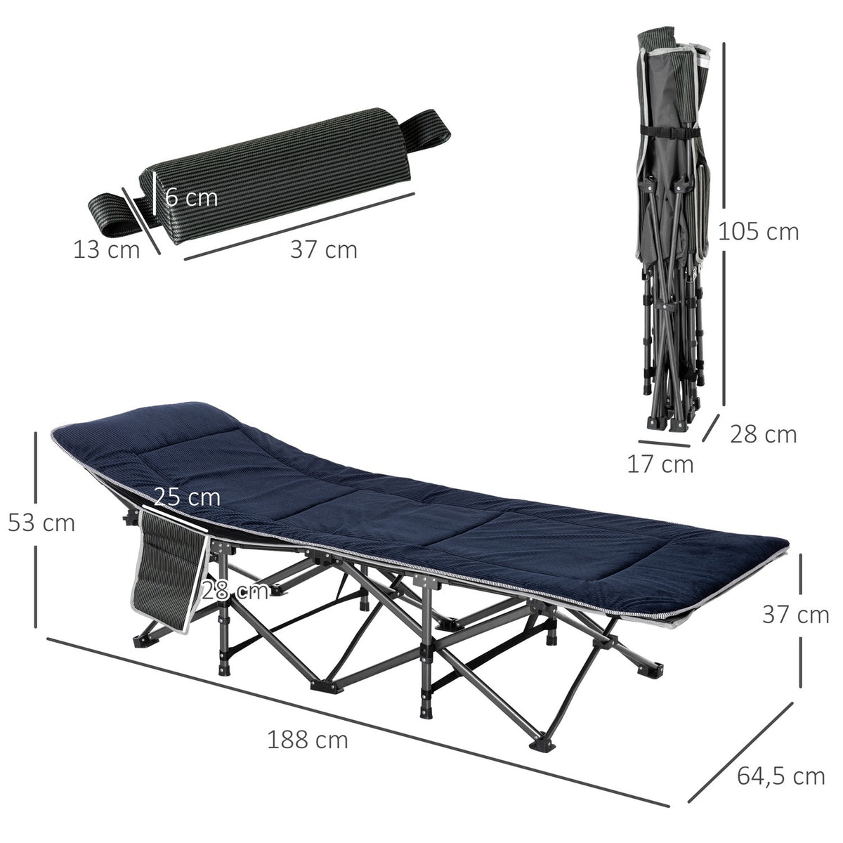 Camping bed folding camp bed folding bed with pillow side pocket mattress guest bed can hold up to 150 kg travel outdoor Oxford dark blue + gray 188 x 64.5 x 53 cm