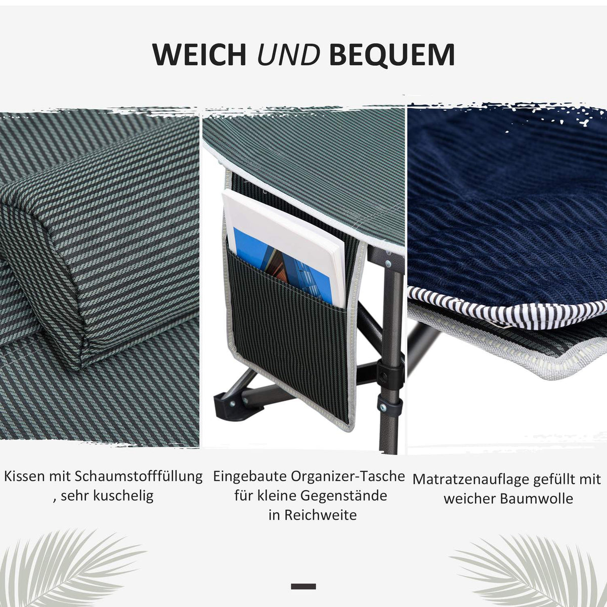 Camping bed folding camp bed folding bed with pillow side pocket mattress guest bed can hold up to 150 kg travel outdoor Oxford dark blue + gray 188 x 64.5 x 53 cm