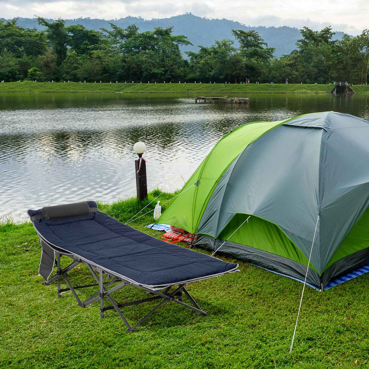 Camping bed folding camp bed folding bed with pillow side pocket mattress guest bed can hold up to 150 kg travel outdoor Oxford dark blue + gray 188 x 64.5 x 53 cm