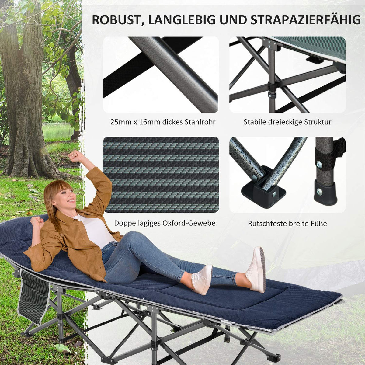 Camping bed folding camp bed folding bed with pillow side pocket mattress guest bed can hold up to 150 kg travel outdoor Oxford dark blue + gray 188 x 64.5 x 53 cm
