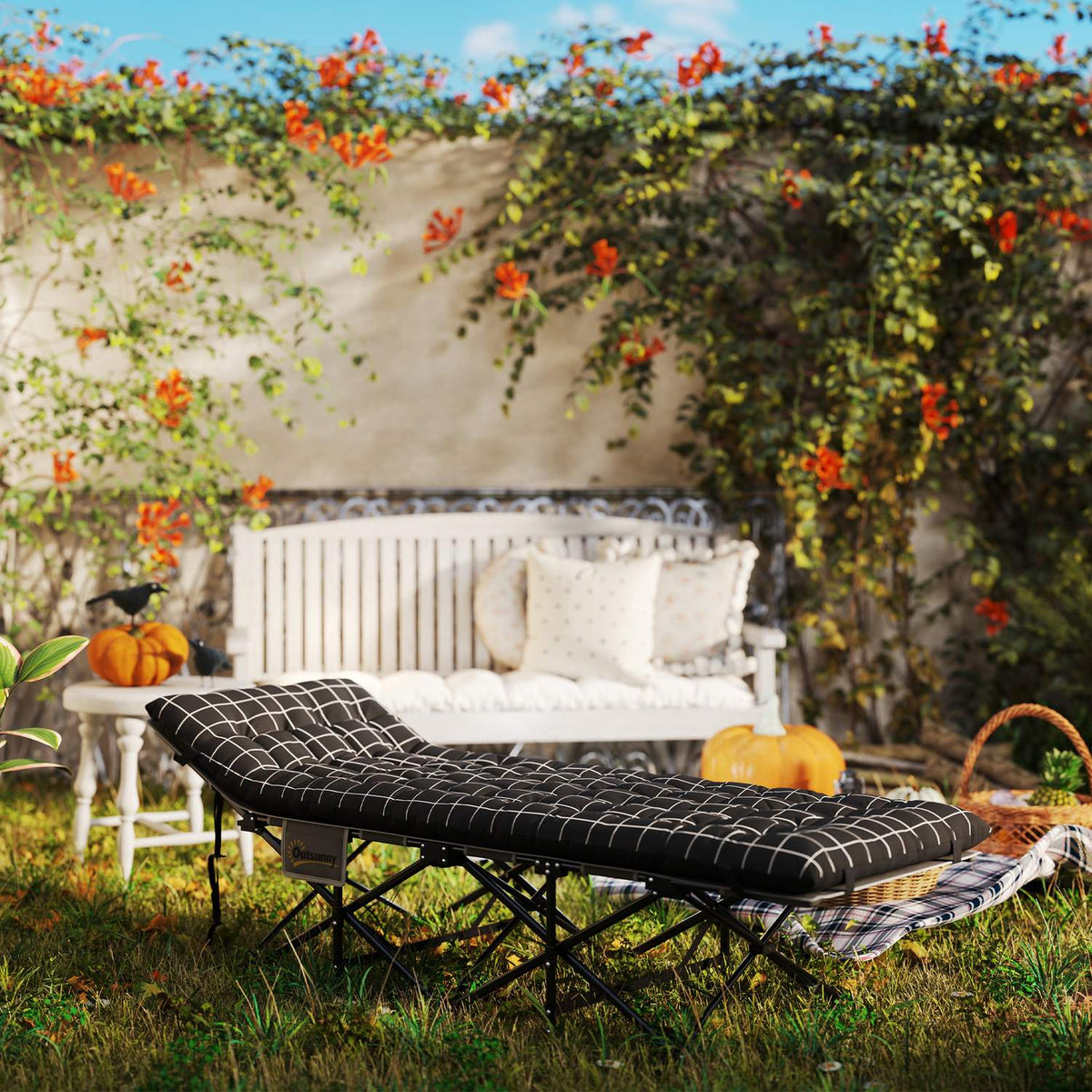 Camping bed folding camp bed with side pocket mattress non-slip guest bed can hold up to 150 kg outdoor Oxford black 190 x 67 x 37 cm |