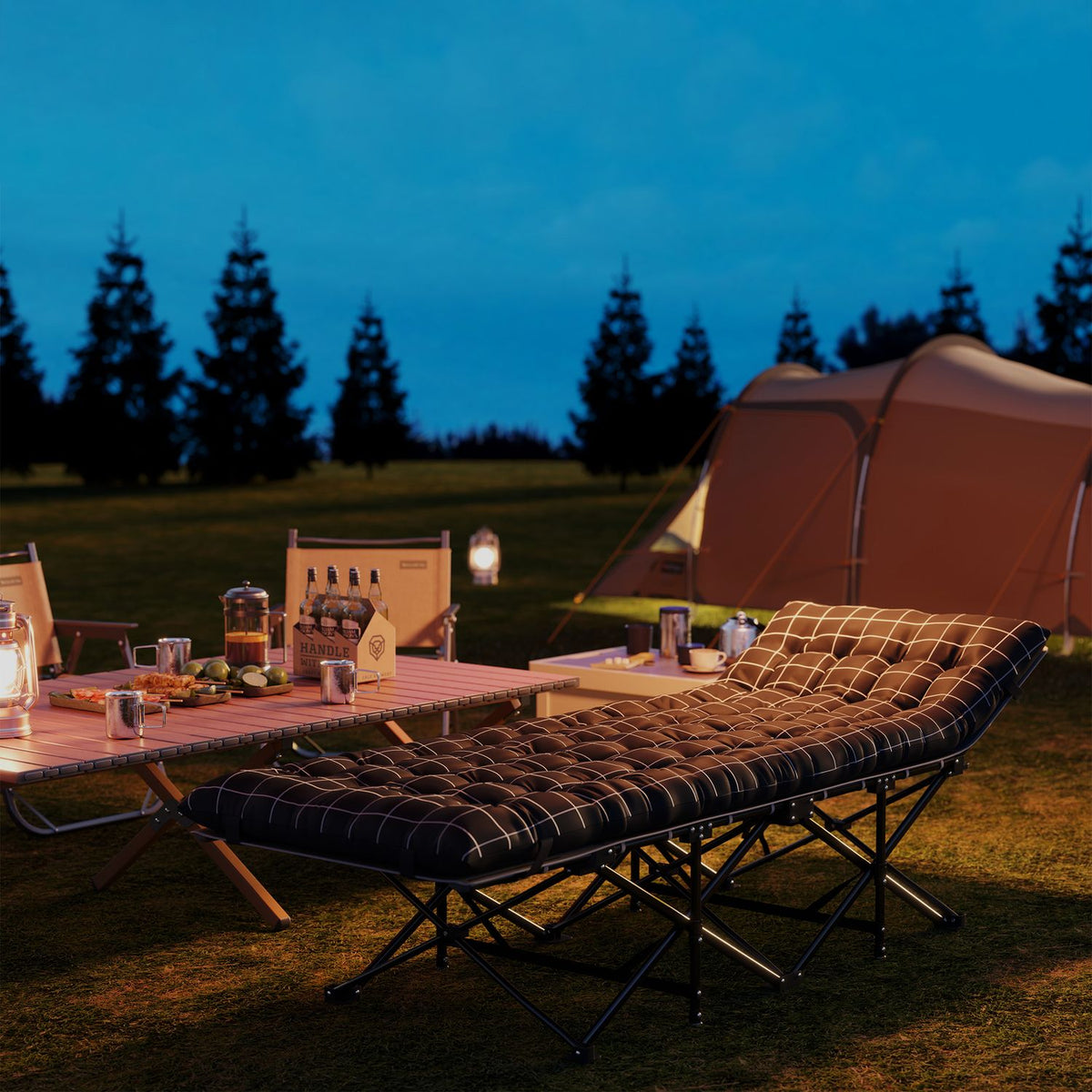 Camping bed folding camp bed with side pocket mattress non-slip guest bed can hold up to 150 kg outdoor Oxford black 190 x 67 x 37 cm |