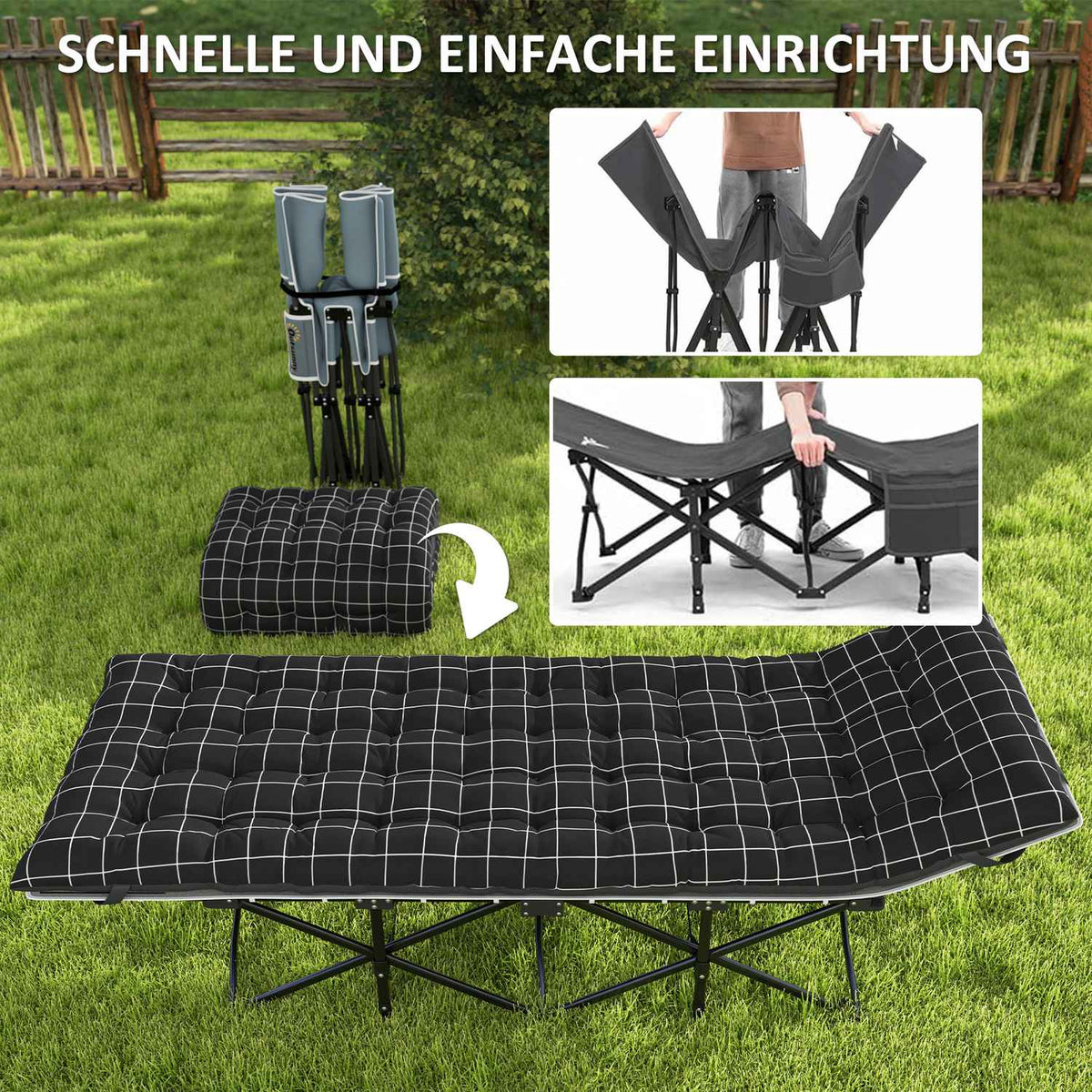 Camping bed folding camp bed with side pocket mattress non-slip guest bed can hold up to 150 kg outdoor Oxford black 190 x 67 x 37 cm |