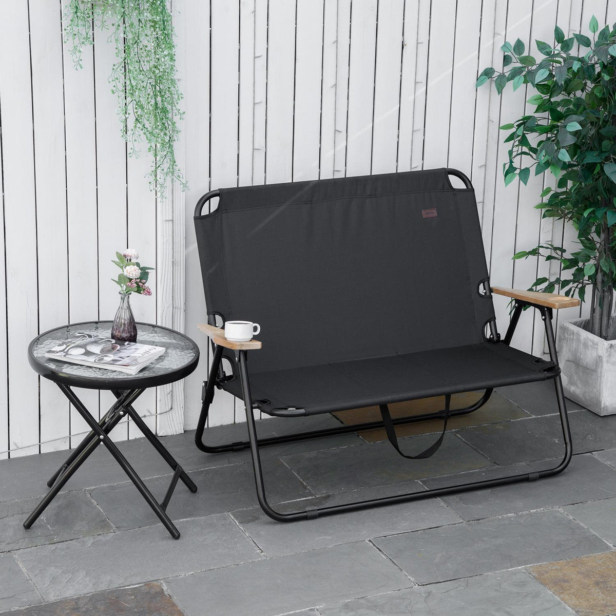 Camping chair 2-seater folding portable garden chair director's chair folding chair with cup holder for outdoor picnic hiking max. load 160 kg black 114 x 67 x 80 cm