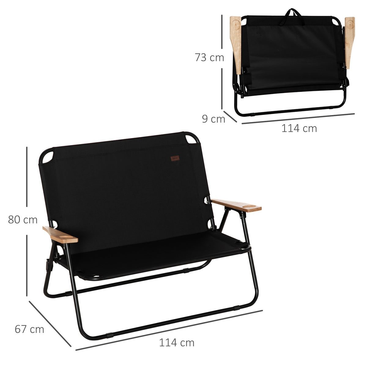 Camping chair 2-seater folding portable garden chair director's chair folding chair with cup holder for outdoor picnic hiking max. load 160 kg black 114 x 67 x 80 cm