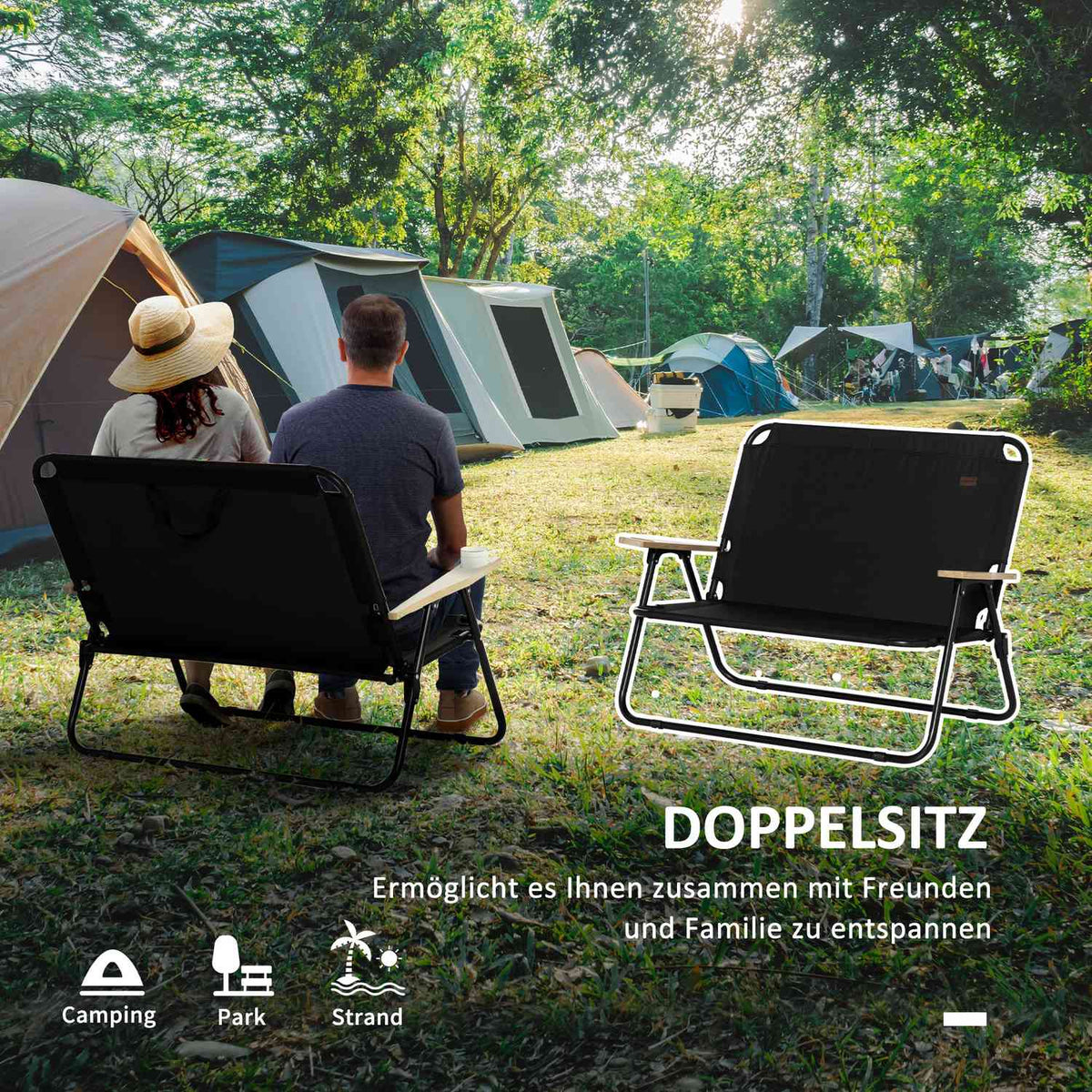 Camping chair 2-seater folding portable garden chair director's chair folding chair with cup holder for outdoor picnic hiking max. load 160 kg black 114 x 67 x 80 cm