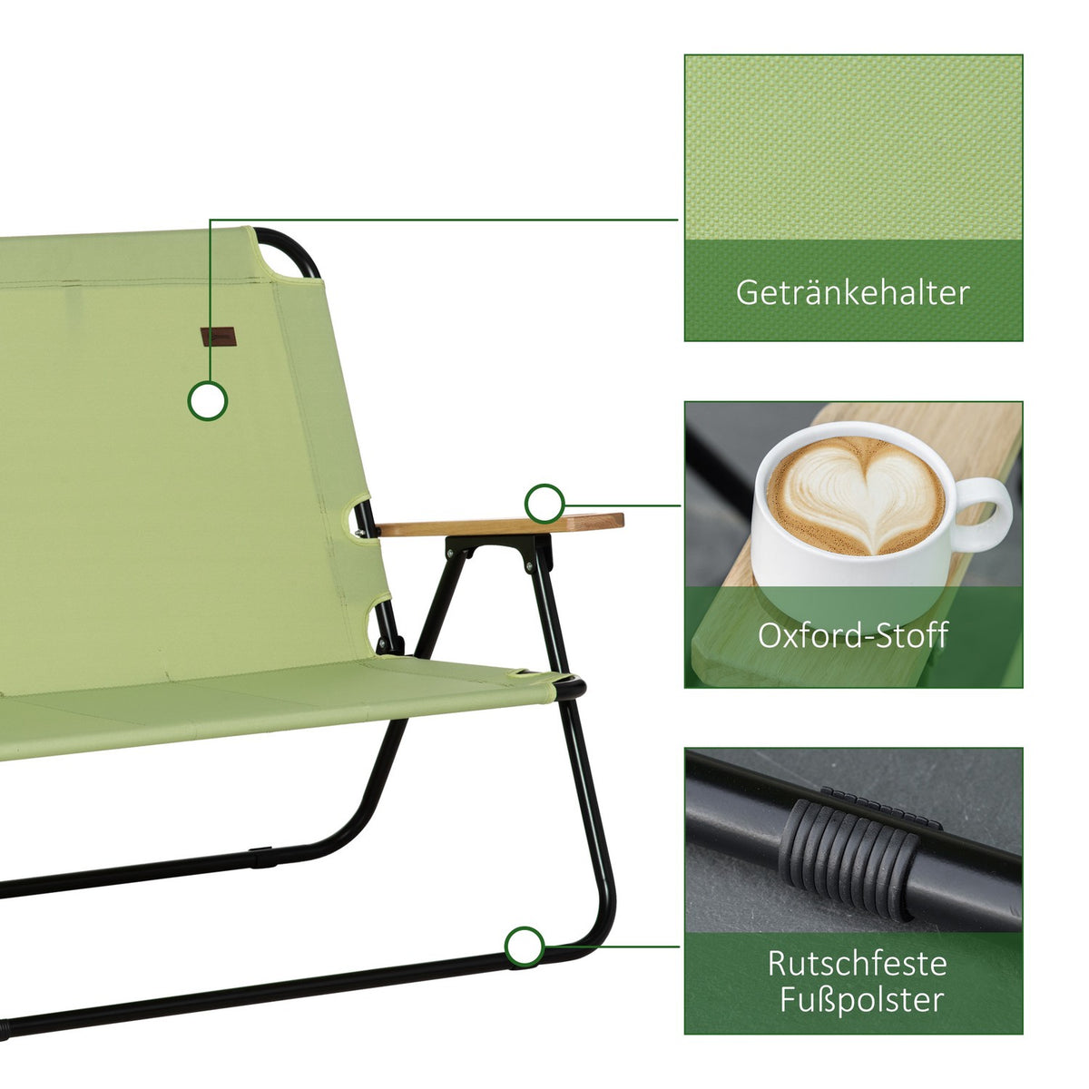 Camping chair 2-seater folding portable garden chair director's chair folding chair with cup holder for outdoor picnic hiking max. load 160 kg light green 114 x 67 x 80 cm