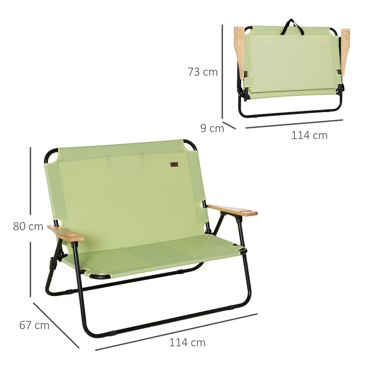 Camping chair 2-seater folding portable garden chair director's chair folding chair with cup holder for outdoor picnic hiking max. load 160 kg light green 114 x 67 x 80 cm