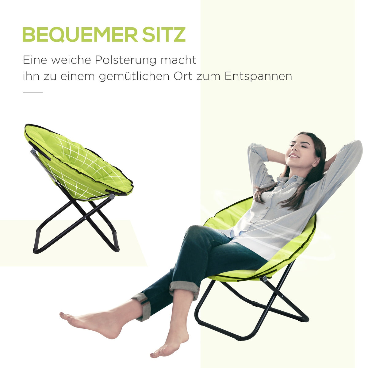 Camping chair foldable camping chair with backrest, folding chair up to 120kg, padded moonchair extra wide, folding chair outdoor chair for garden, balcony, camping, yellow