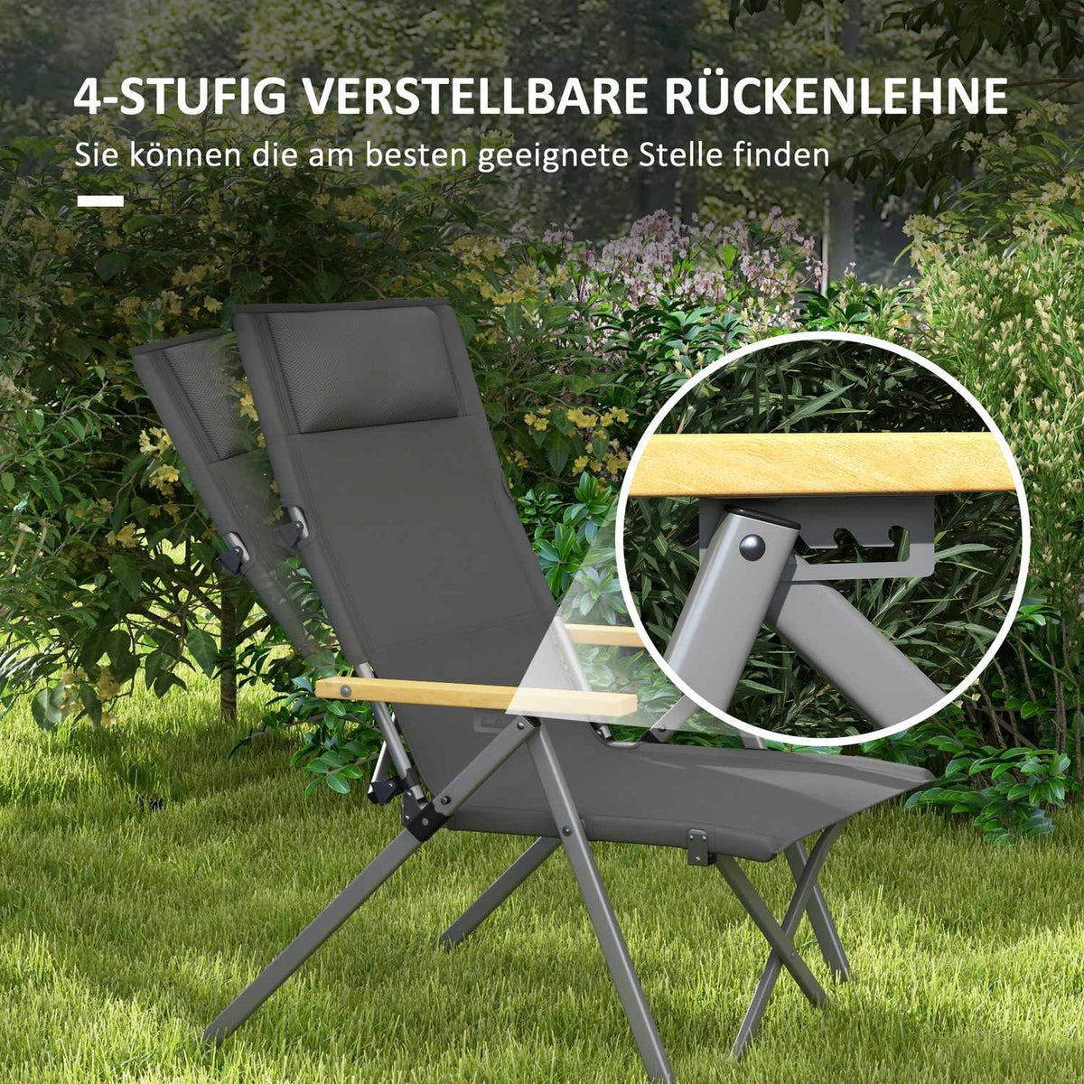 Camping chair folding garden chair with 4-level adjustable backrest and headrest, folding chair with carry bag, Oxford dark gray