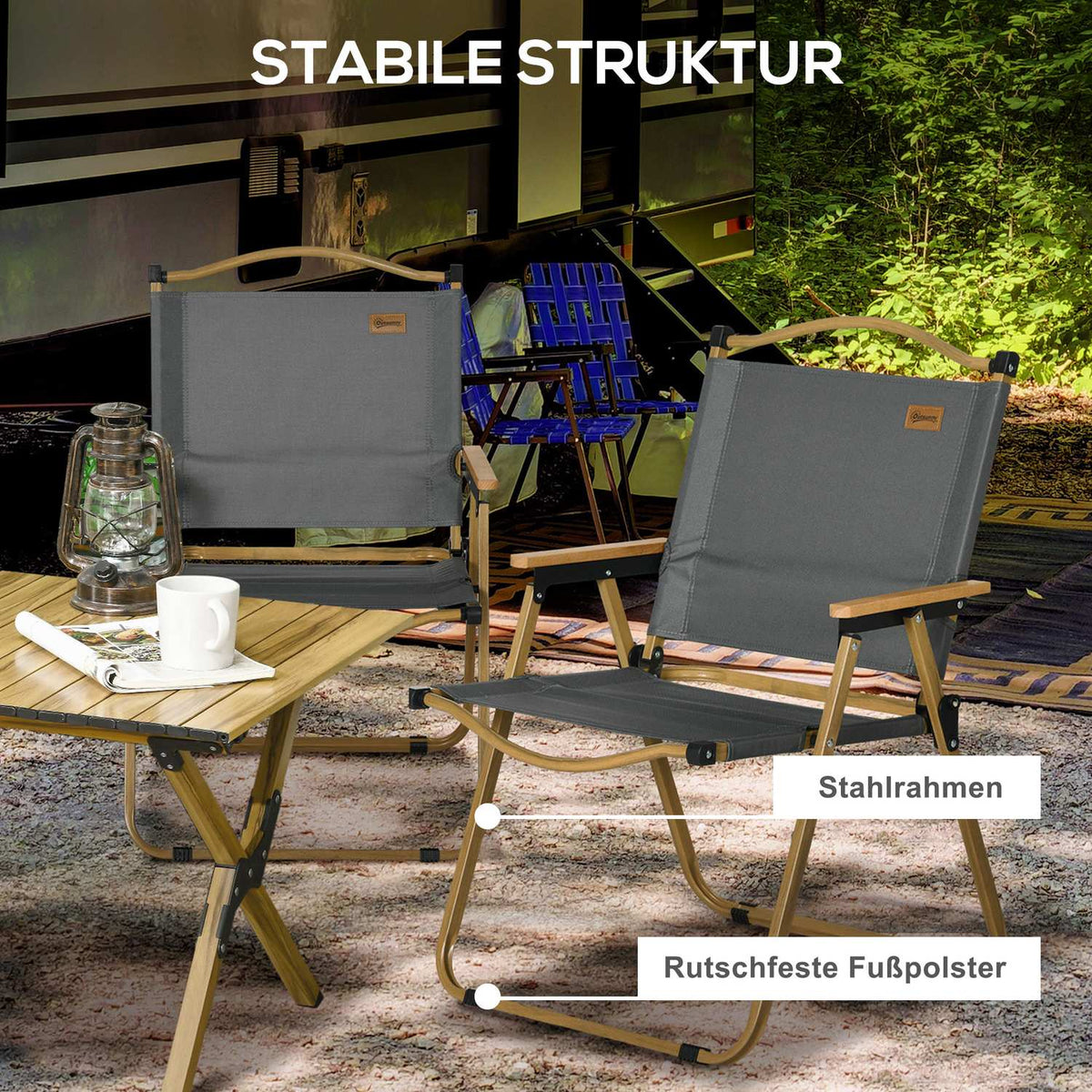 Camping chair set of 2 folding garden chairs with steel frame, wood look, folding chairs for pool, beach, Oxford, dark gray