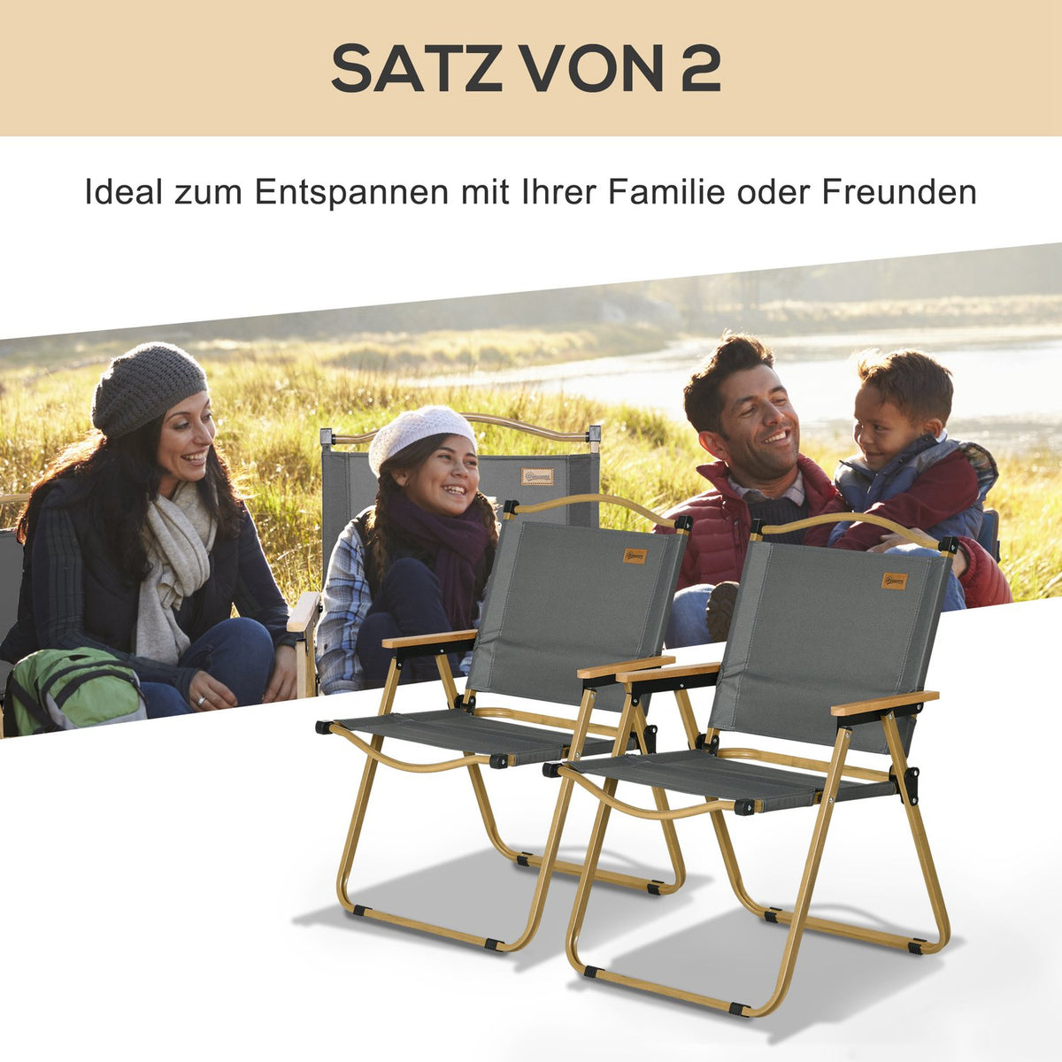 Camping chair set of 2 folding garden chairs with steel frame, wood look, folding chairs for pool, beach, Oxford, dark gray