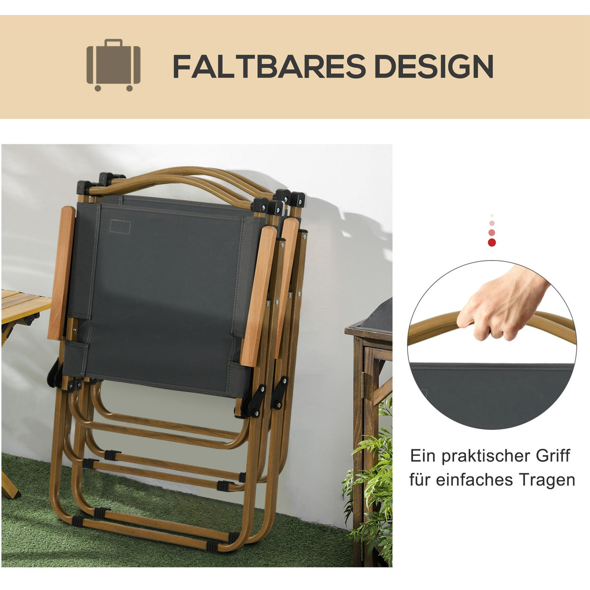 Camping chair set of 2 folding garden chairs with steel frame, wood look, folding chairs for pool, beach, Oxford, dark gray