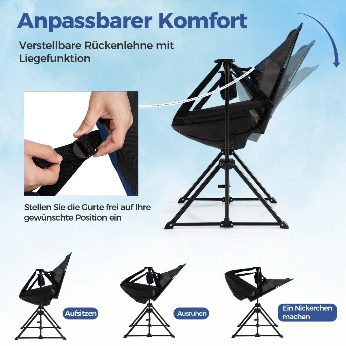Camping chair with footrest &amp; adjustable backrest &amp; headrest &amp; cup holder fishing chair black