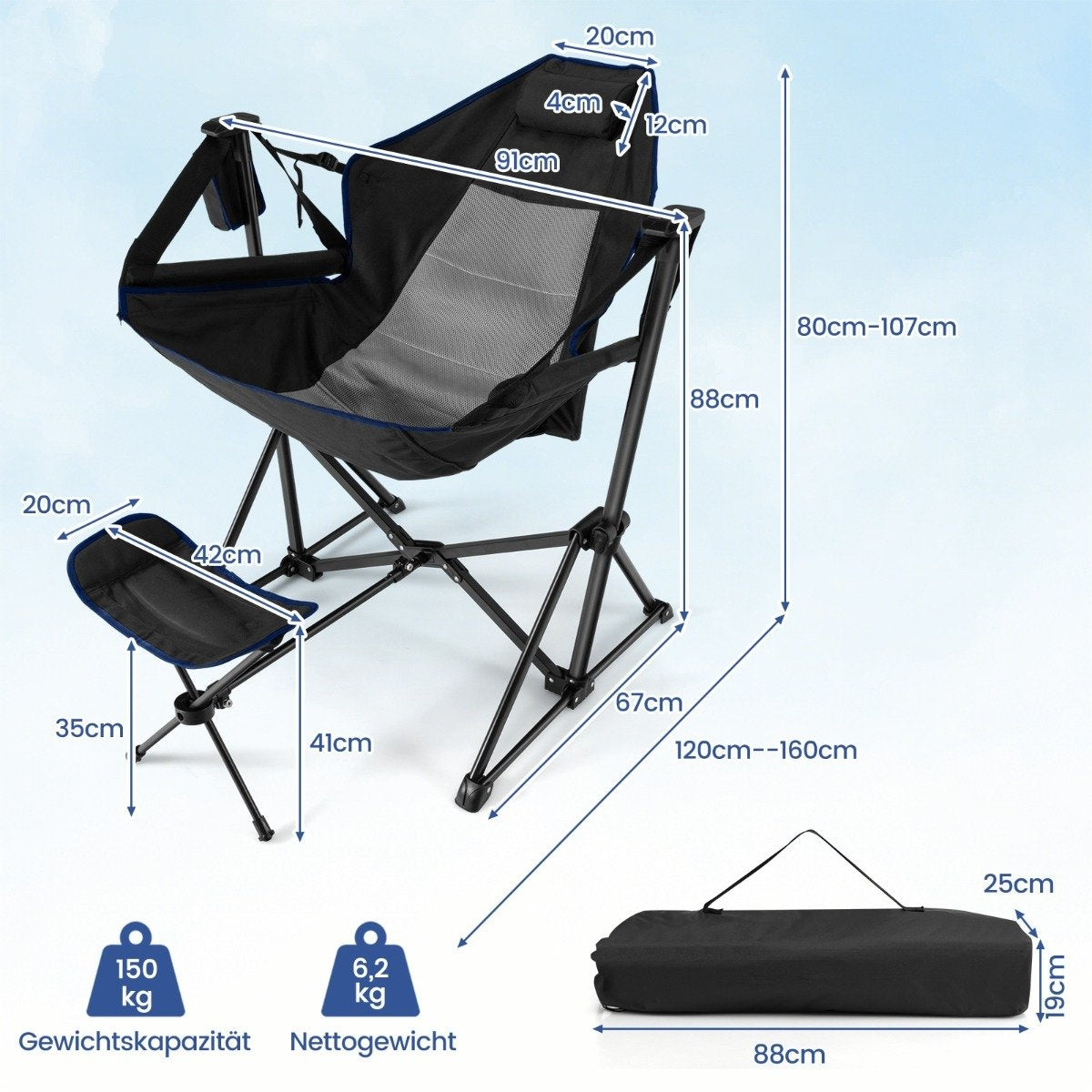 Camping chair with footrest &amp; adjustable backrest &amp; headrest &amp; cup holder fishing chair black