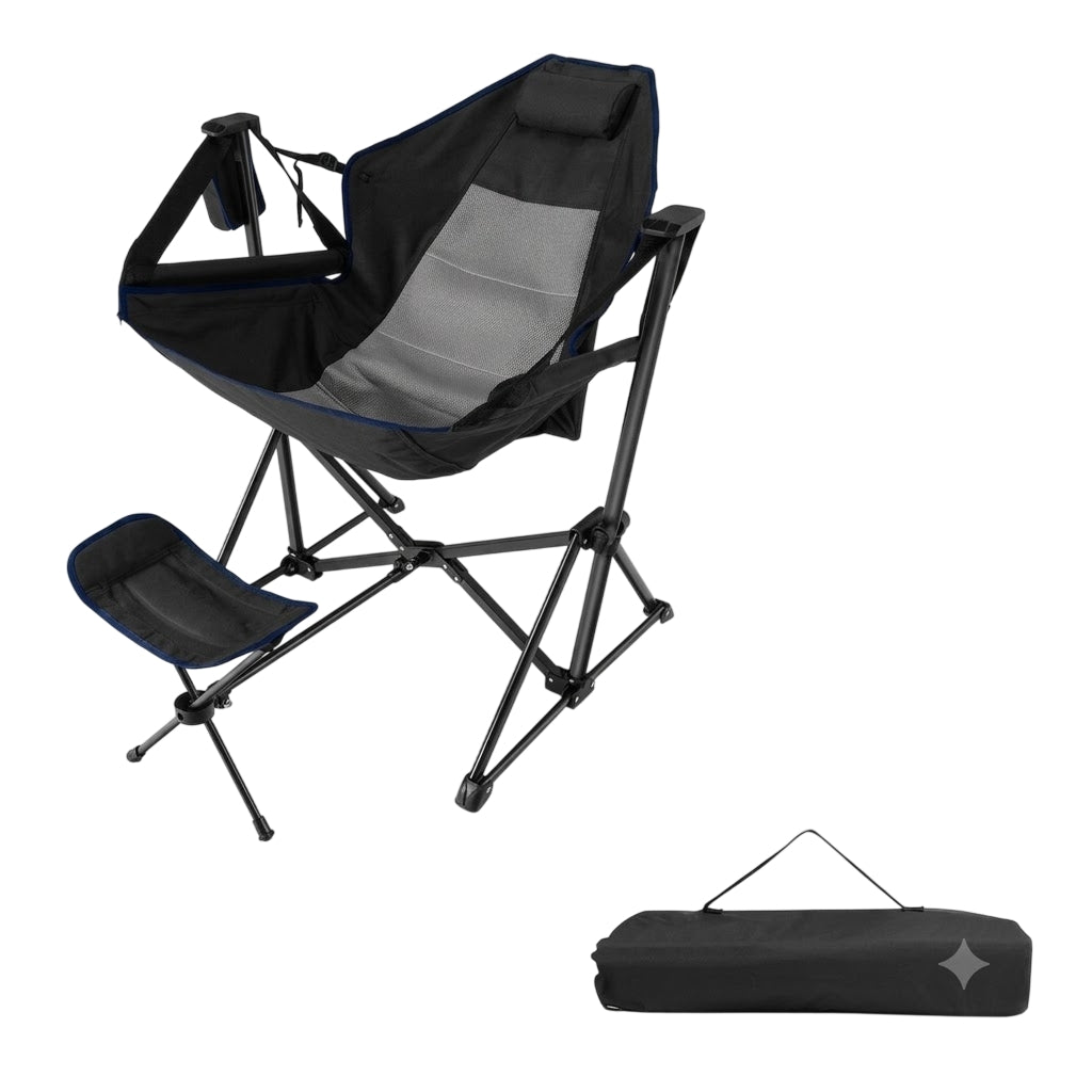 Camping chair with footrest &amp; adjustable backrest &amp; headrest &amp; cup holder fishing chair black