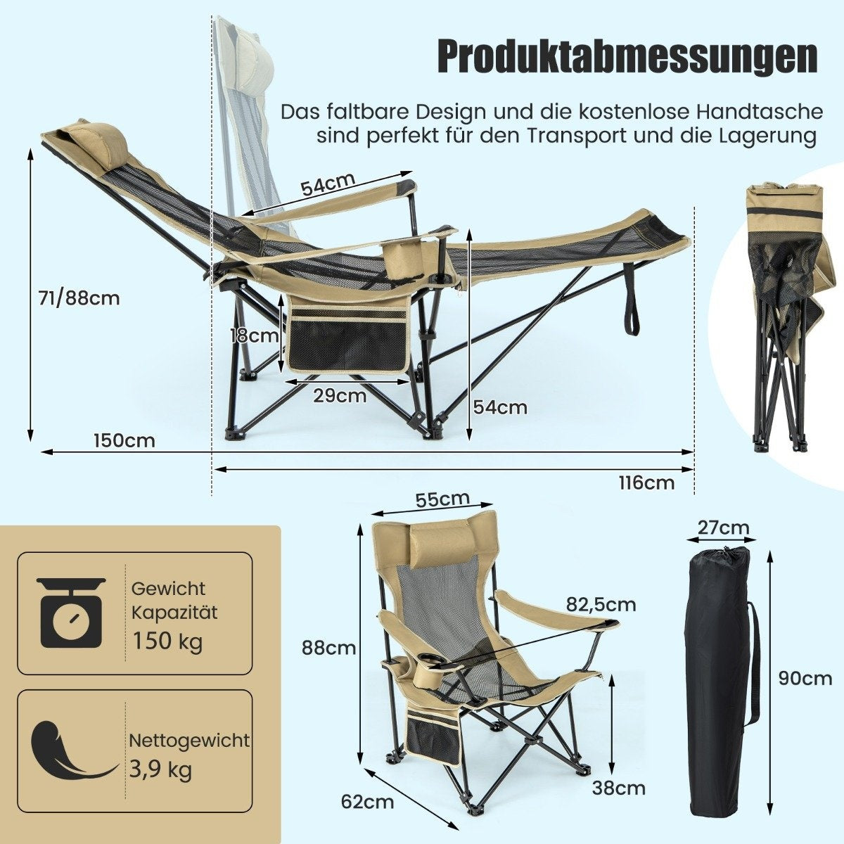 Camping chair with removable footrest & adjustable backrest & cup holder Khaki
