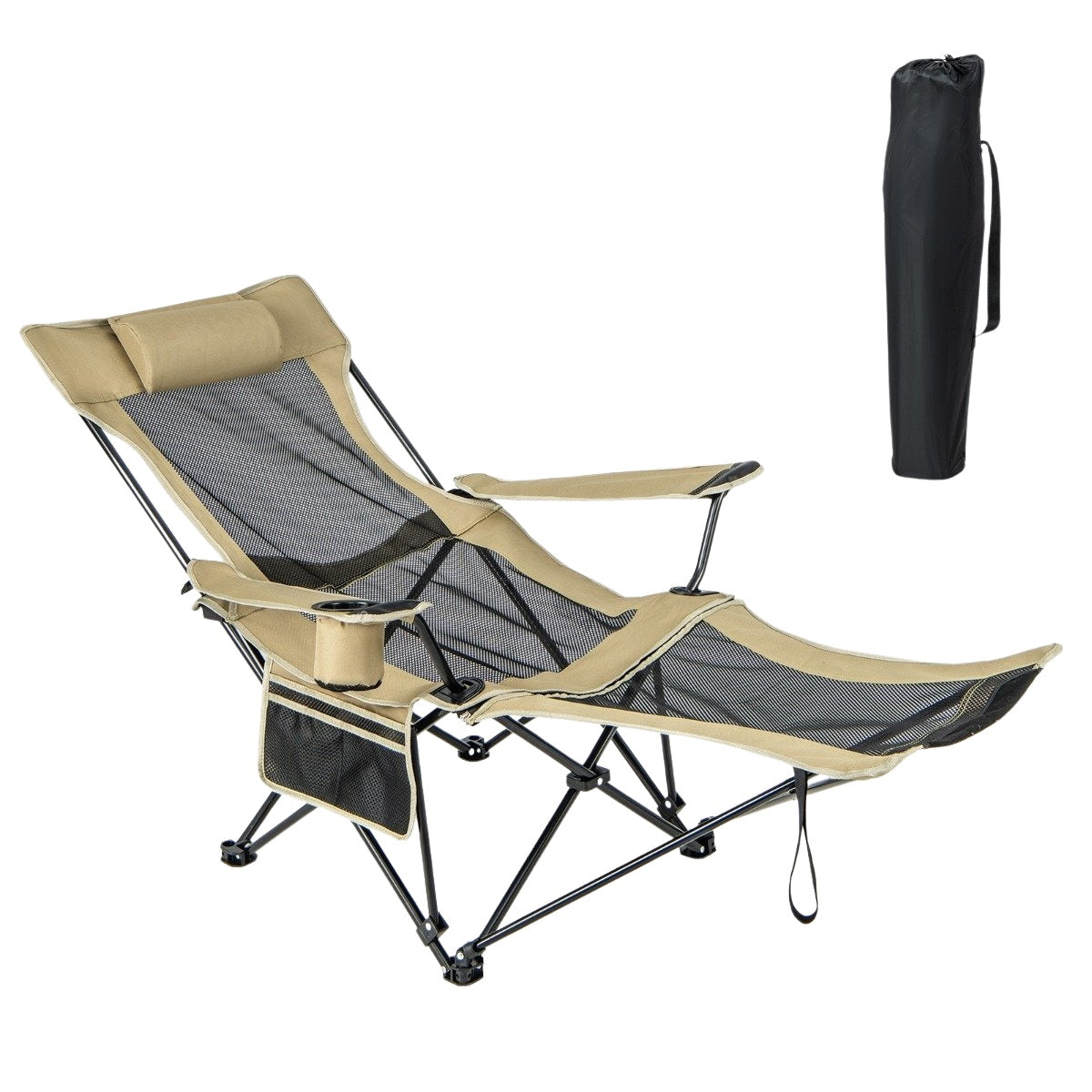 Camping chair with removable footrest & adjustable backrest & cup holder Khaki