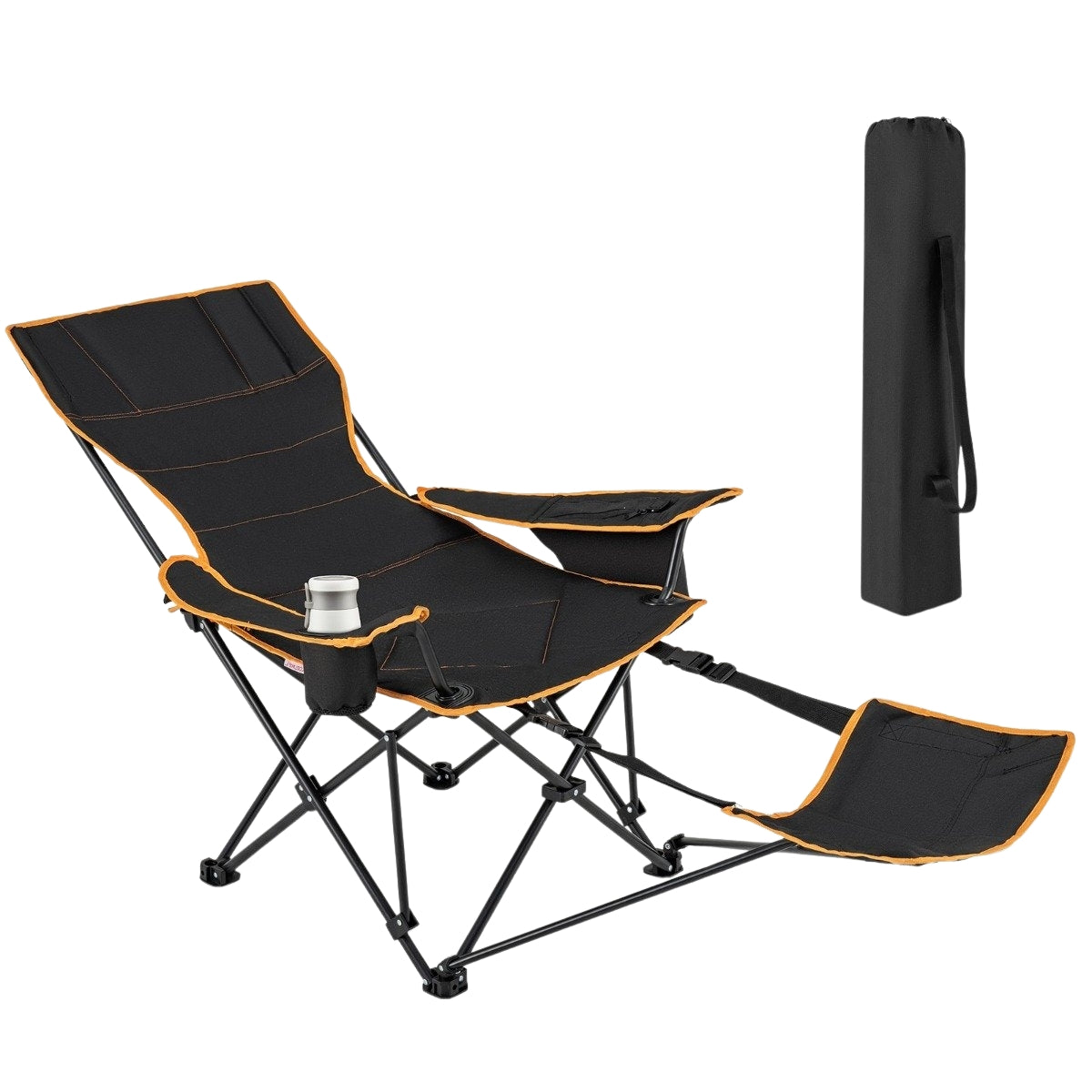 Camping chair with removable footrest & drink holder & cooler bag. Folding fishing chair