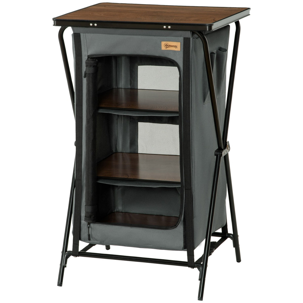 Camping cupboard foldable kitchen box with zip door, portable camping kitchen with worktop, 3 shelves, carrying bag Oxford dark gray 60 x 50 x 99 cm