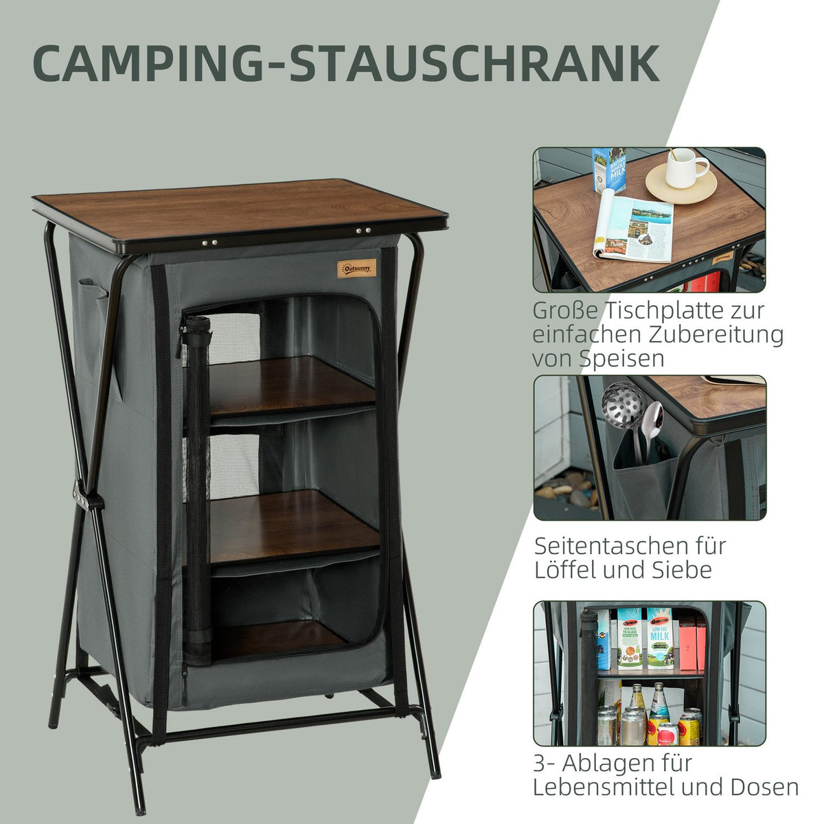 Camping cupboard foldable kitchen box with zip door, portable camping kitchen with worktop, 3 shelves, carrying bag Oxford dark gray 60 x 50 x 99 cm