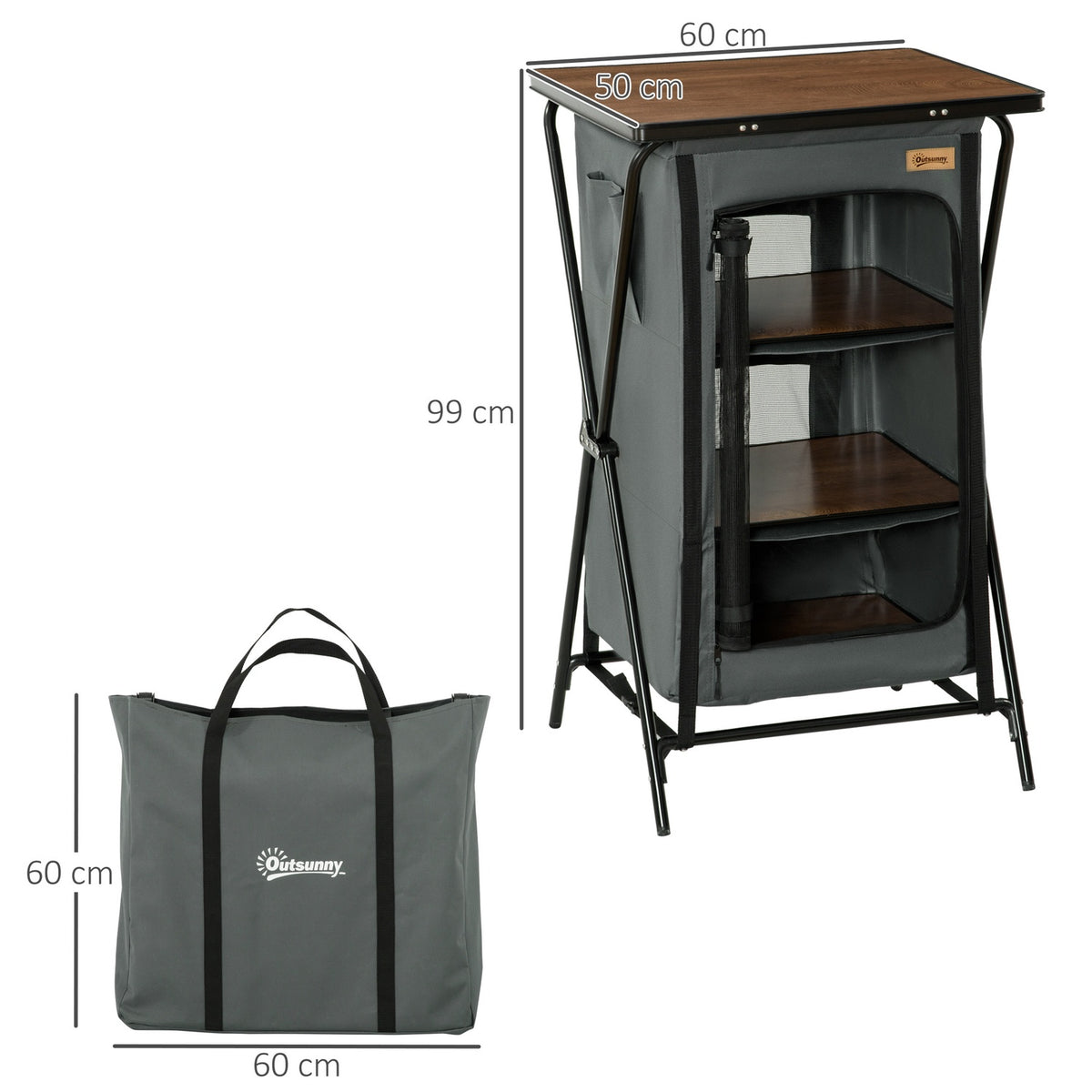 Camping cupboard foldable kitchen box with zip door, portable camping kitchen with worktop, 3 shelves, carrying bag Oxford dark gray 60 x 50 x 99 cm
