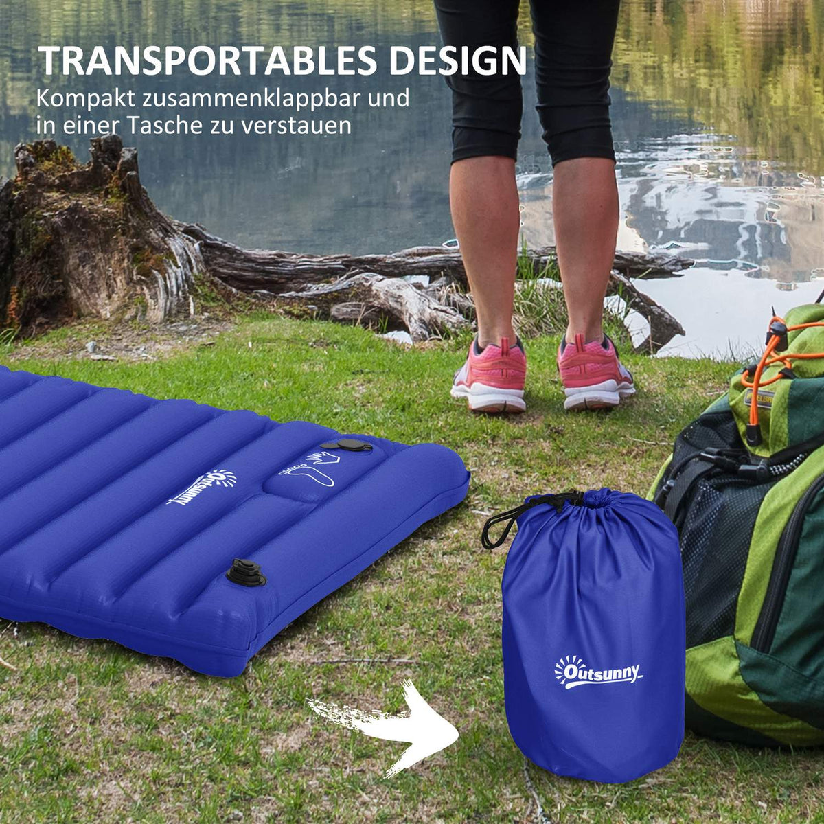Camping sleeping mat, air mattress with foot pump, water-repellent air bed with carry bag, sleeping mat, load capacity up to 120 kg, blue