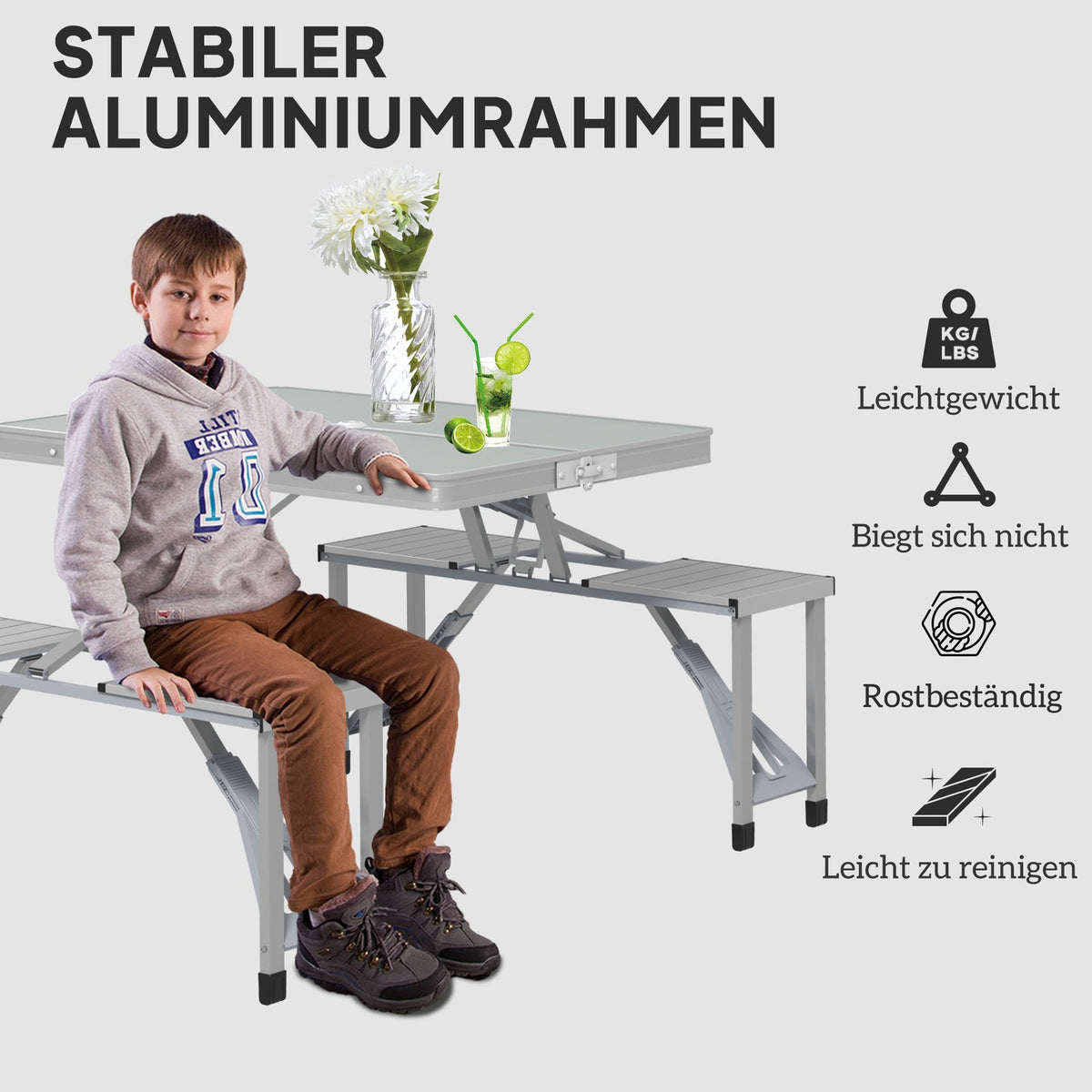 Camping table, folding table with 4 chairs, folding garden table made of aluminum, lightweight, multifunctional table, 4 people, side table for garden, terrace, balcony, 85.5 x 135 cm, gray