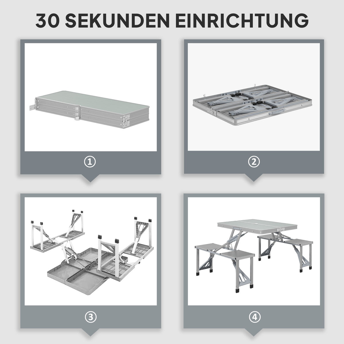 Camping table, folding table with 4 chairs, folding garden table made of aluminum, lightweight, multifunctional table, 4 people, side table for garden, terrace, balcony, 85.5 x 135 cm, gray