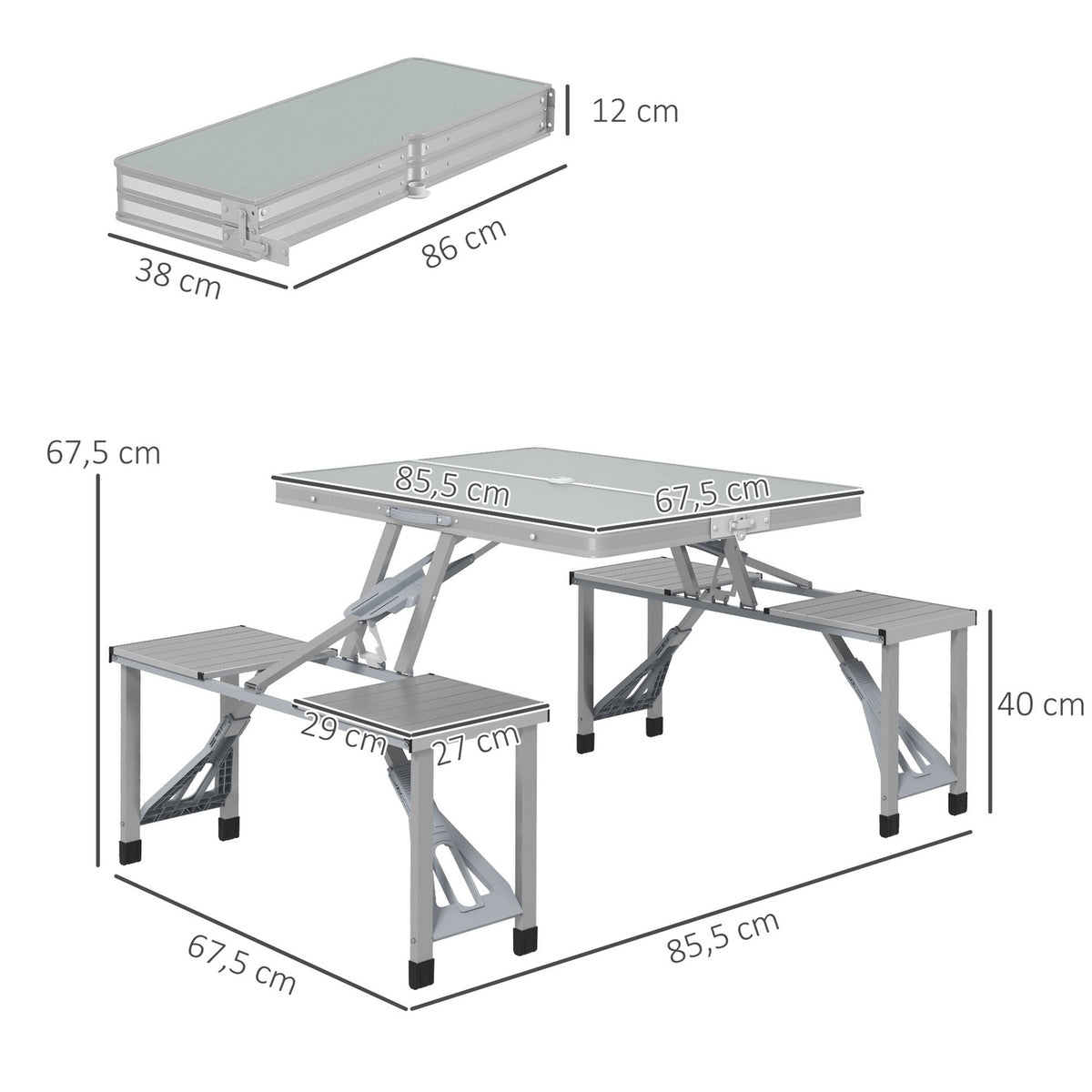 Camping table, folding table with 4 chairs, folding garden table made of aluminum, lightweight, multifunctional table, 4 people, side table for garden, terrace, balcony, 85.5 x 135 cm, gray