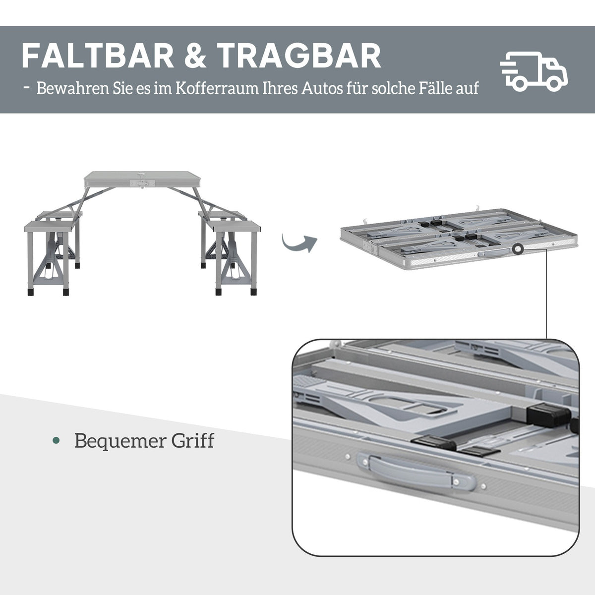 Camping table, folding table with 4 chairs, folding garden table made of aluminum, lightweight, multifunctional table, 4 people, side table for garden, terrace, balcony, 85.5 x 135 cm, gray