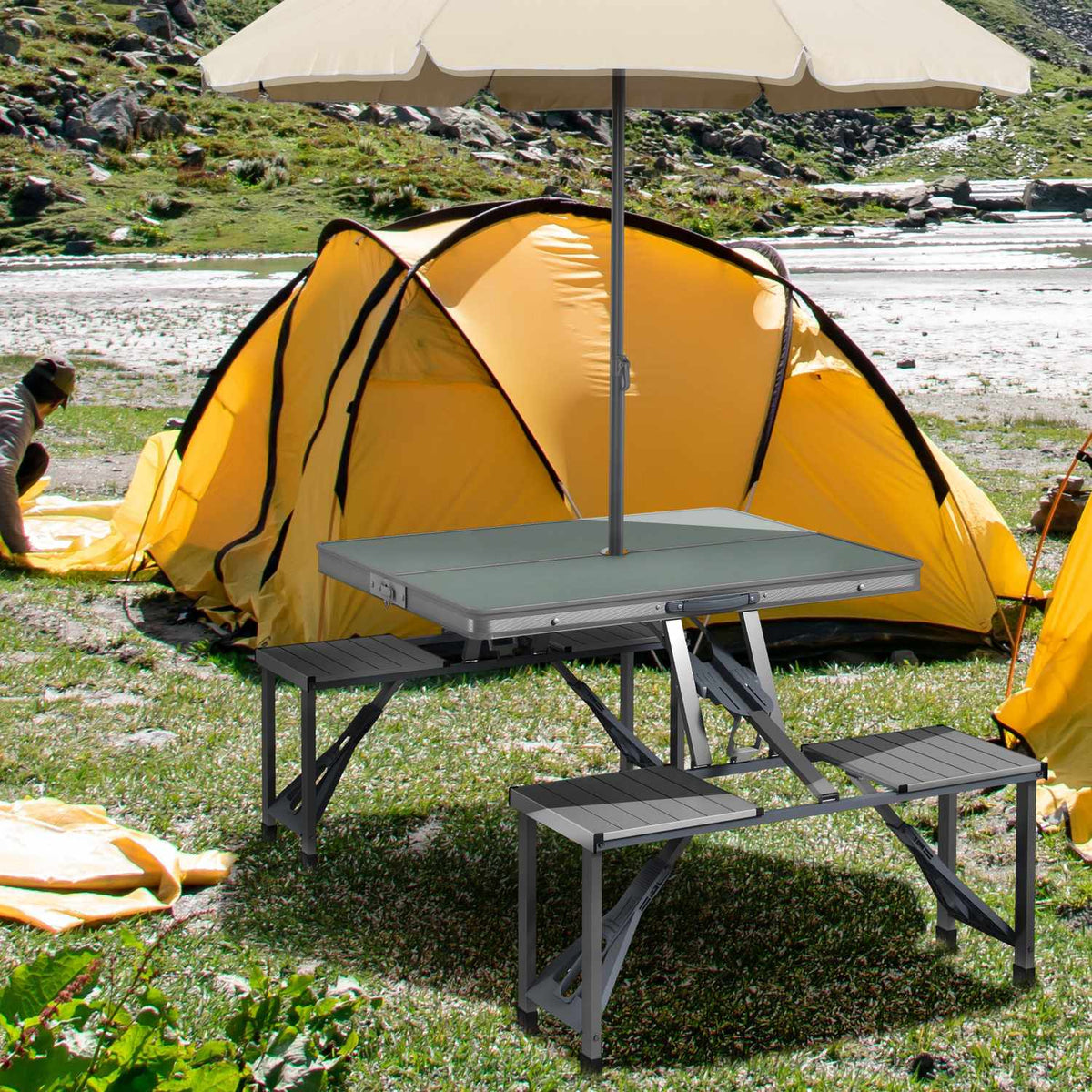 Camping table, folding table with 4 chairs, folding garden table made of aluminum, lightweight, multifunctional table, 4 people, side table for garden, terrace, balcony, 85.5 x 135 cm, gray