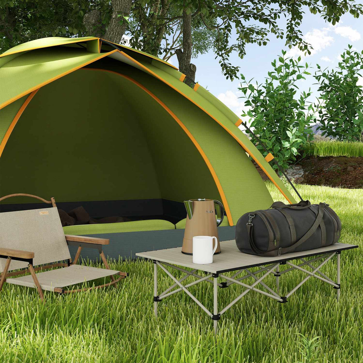 Camping table folding table with roll-up table top X-frame garden table made of aluminum lightweight 2 person side table folding table for garden balcony camping 95 x 55cm khaki |