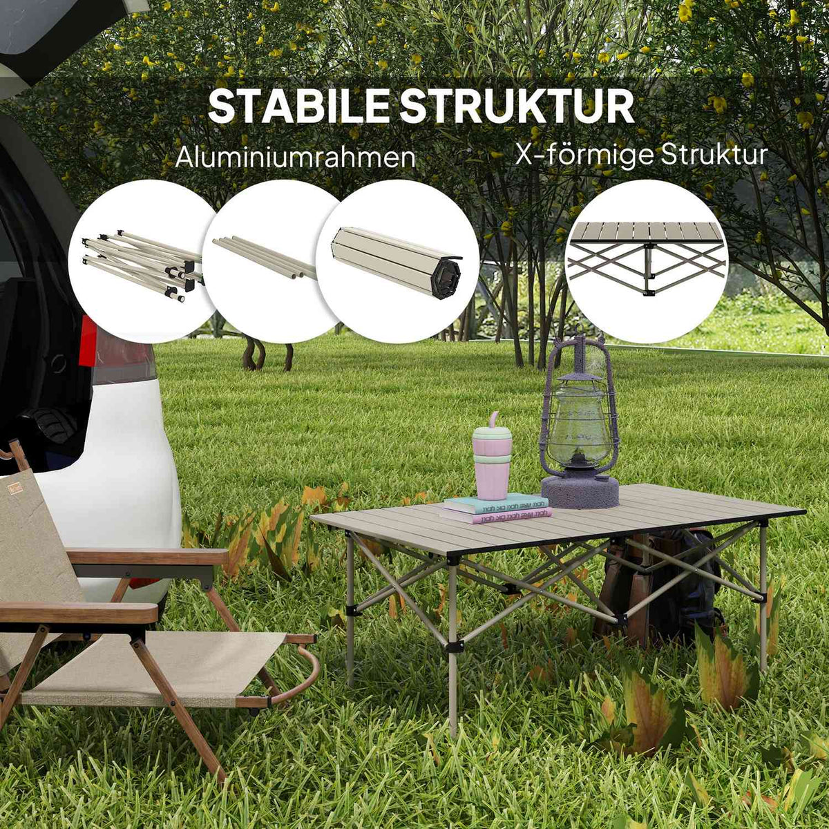 Camping table folding table with roll-up table top X-frame garden table made of aluminum lightweight 2 person side table folding table for garden balcony camping 95 x 55cm khaki |