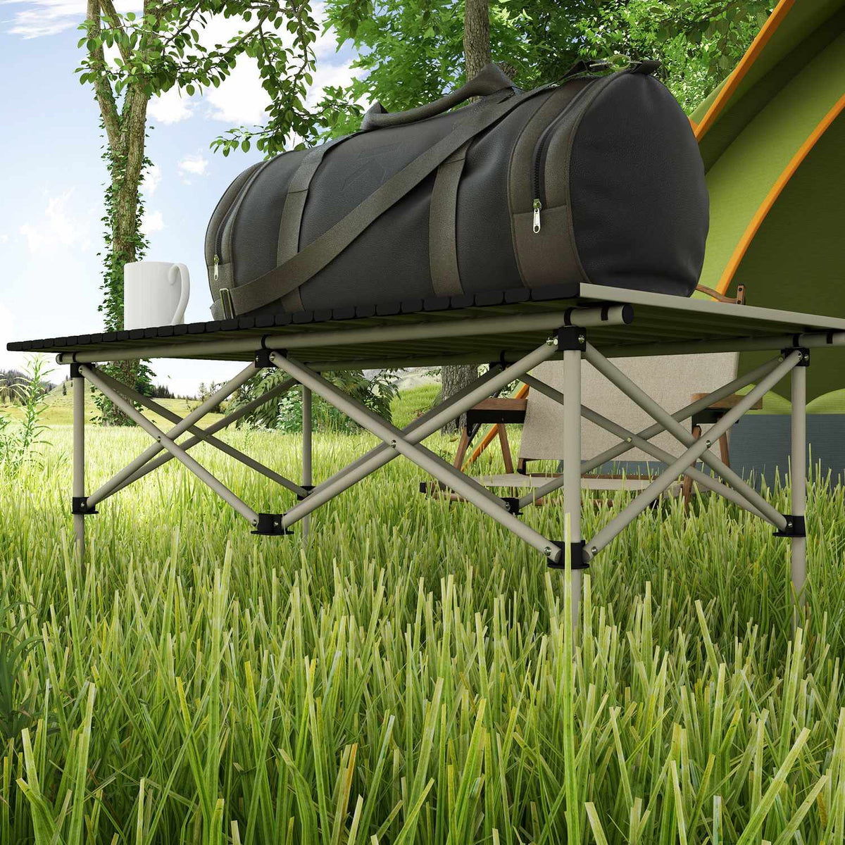 Camping table folding table with roll-up table top X-frame garden table made of aluminum lightweight 2 person side table folding table for garden balcony camping 95 x 55cm khaki |
