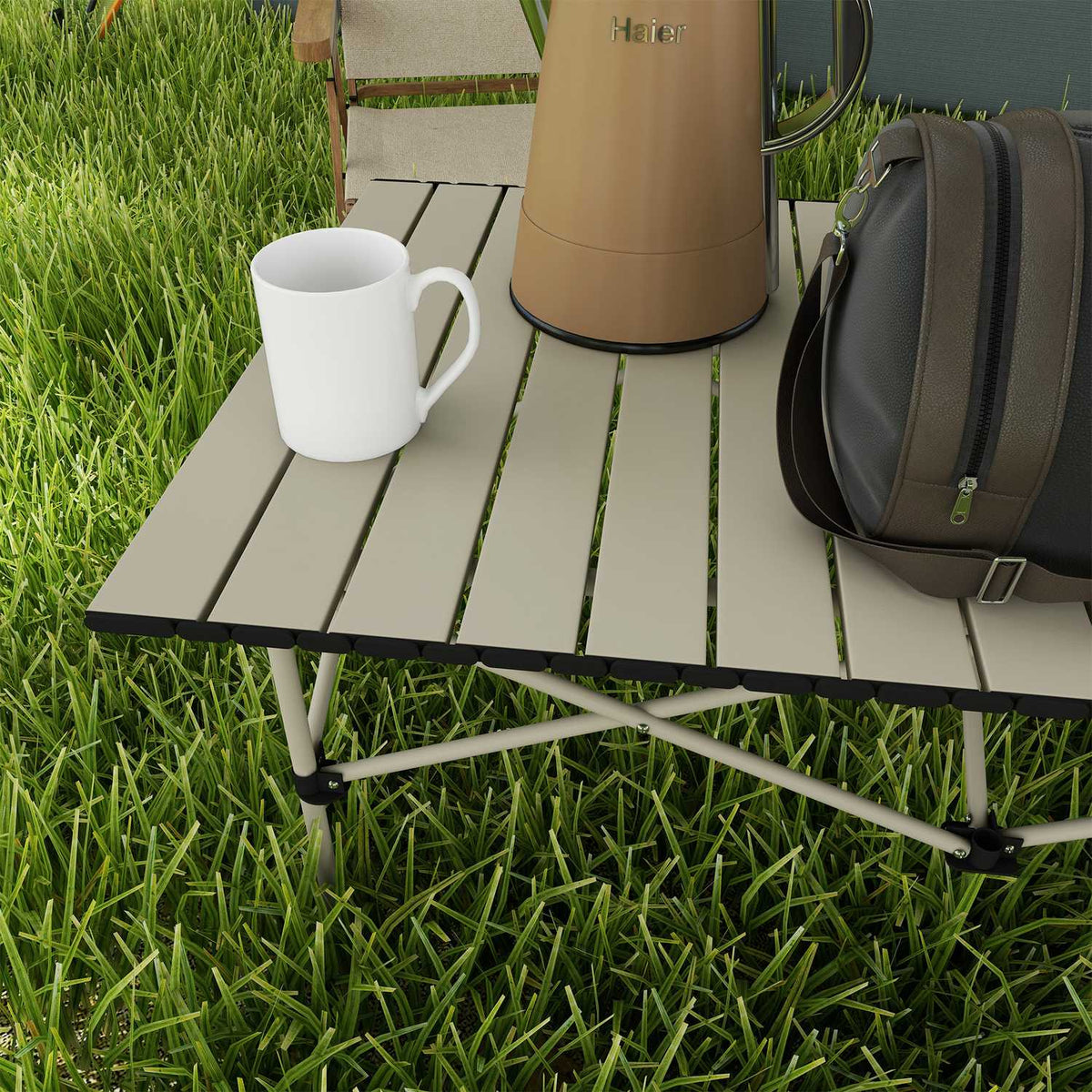 Camping table folding table with roll-up table top X-frame garden table made of aluminum lightweight 2 person side table folding table for garden balcony camping 95 x 55cm khaki |