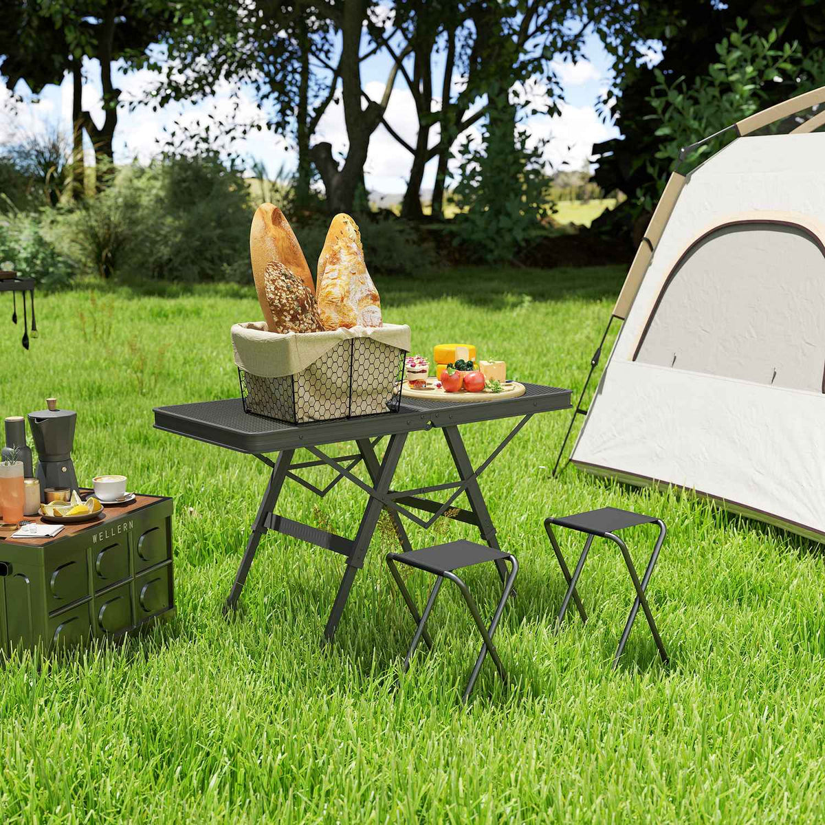 Camping table, height-adjustable, folding table with metal grid, foldable garden table made of aluminum, lightweight, multifunctional table, side table for garden, balcony, camping, 90 x 40.5 cm, black