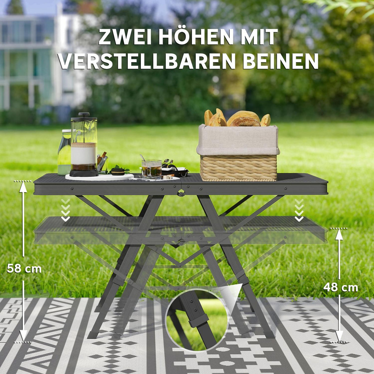 Camping table, height-adjustable, folding table with metal grid, foldable garden table made of aluminum, lightweight, multifunctional table, side table for garden, balcony, camping, 90 x 40.5 cm, black