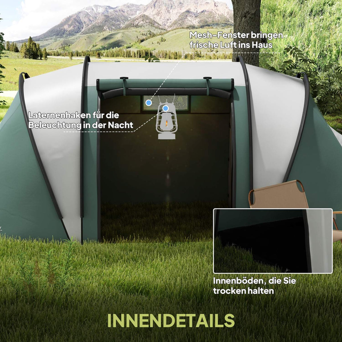 Camping tent for 4-5 people, lightweight, water-repellent family tent with 2 room side door windows, tent with 3000 mm water column, tunnel tent, dome tent for camping, travel, garden