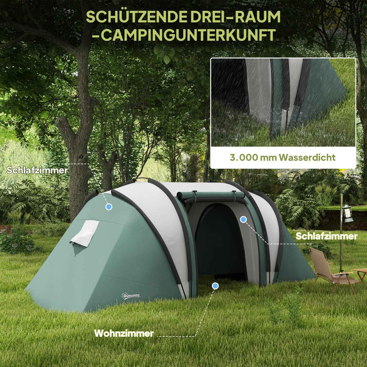 Camping tent for 4-5 people, lightweight, water-repellent family tent with 2 room side door windows, tent with 3000 mm water column, tunnel tent, dome tent for camping, travel, garden