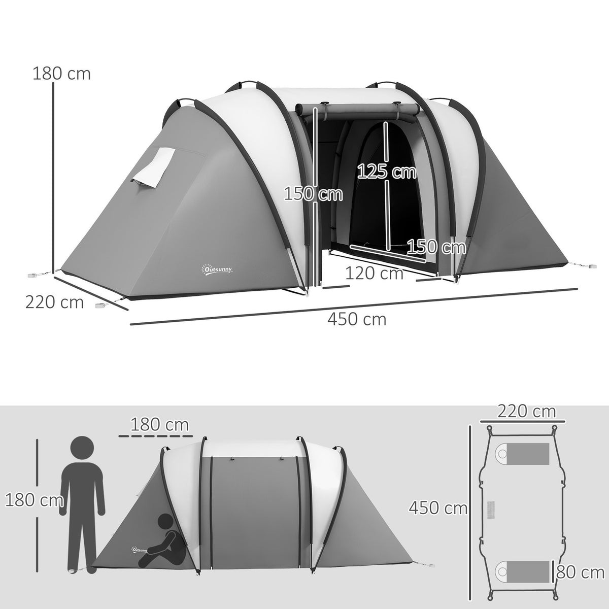 Camping tent for 4-5 people, lightweight, water-repellent family tent with 3 room side door windows, tent with 3000 mm water column, tunnel tent, dome tent for camping, travel, garden