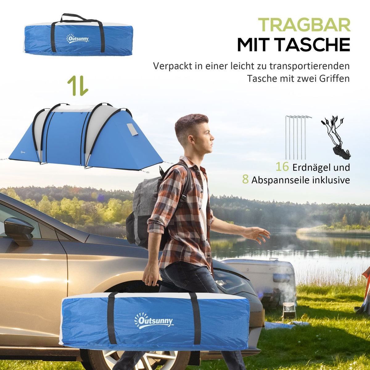 Camping tent for 4-5 people, lightweight, water-repellent family tent with 3 room side door windows, tent with 3000 mm water column, tunnel tent, dome tent for camping, travel, garden