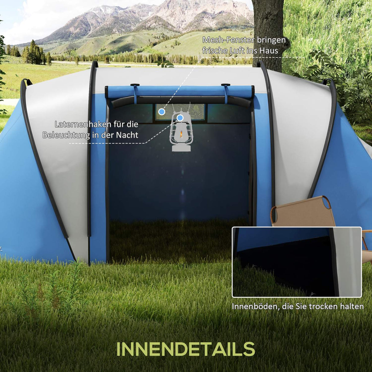 Camping tent for 4-5 people, lightweight, water-repellent family tent with 3 room side door windows, tent with 3000 mm water column, tunnel tent, dome tent for camping, travel, garden