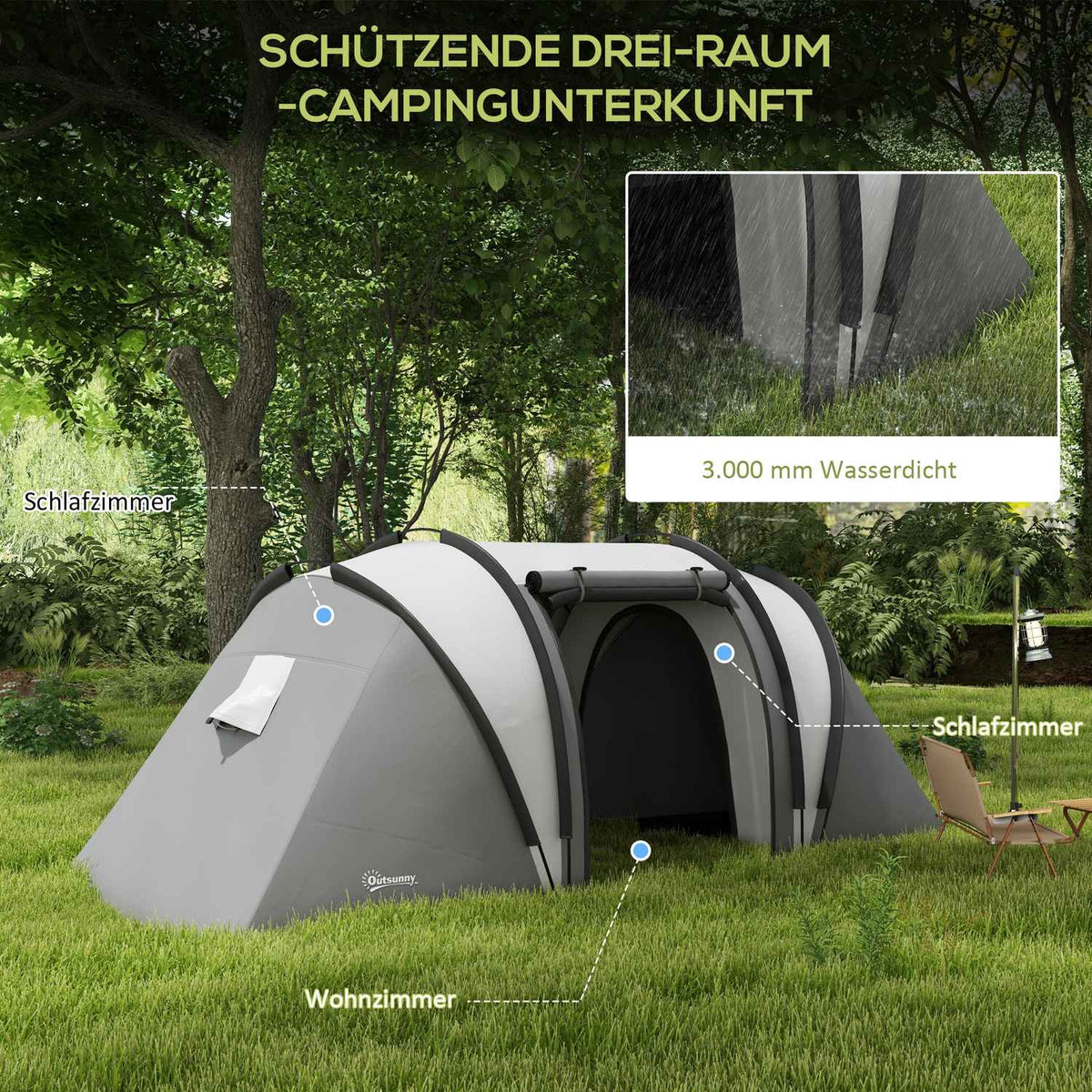 Camping tent for 4-5 people, lightweight, water-repellent family tent with 3 room side door windows, tent with 3000 mm water column, tunnel tent, dome tent for camping, travel, garden