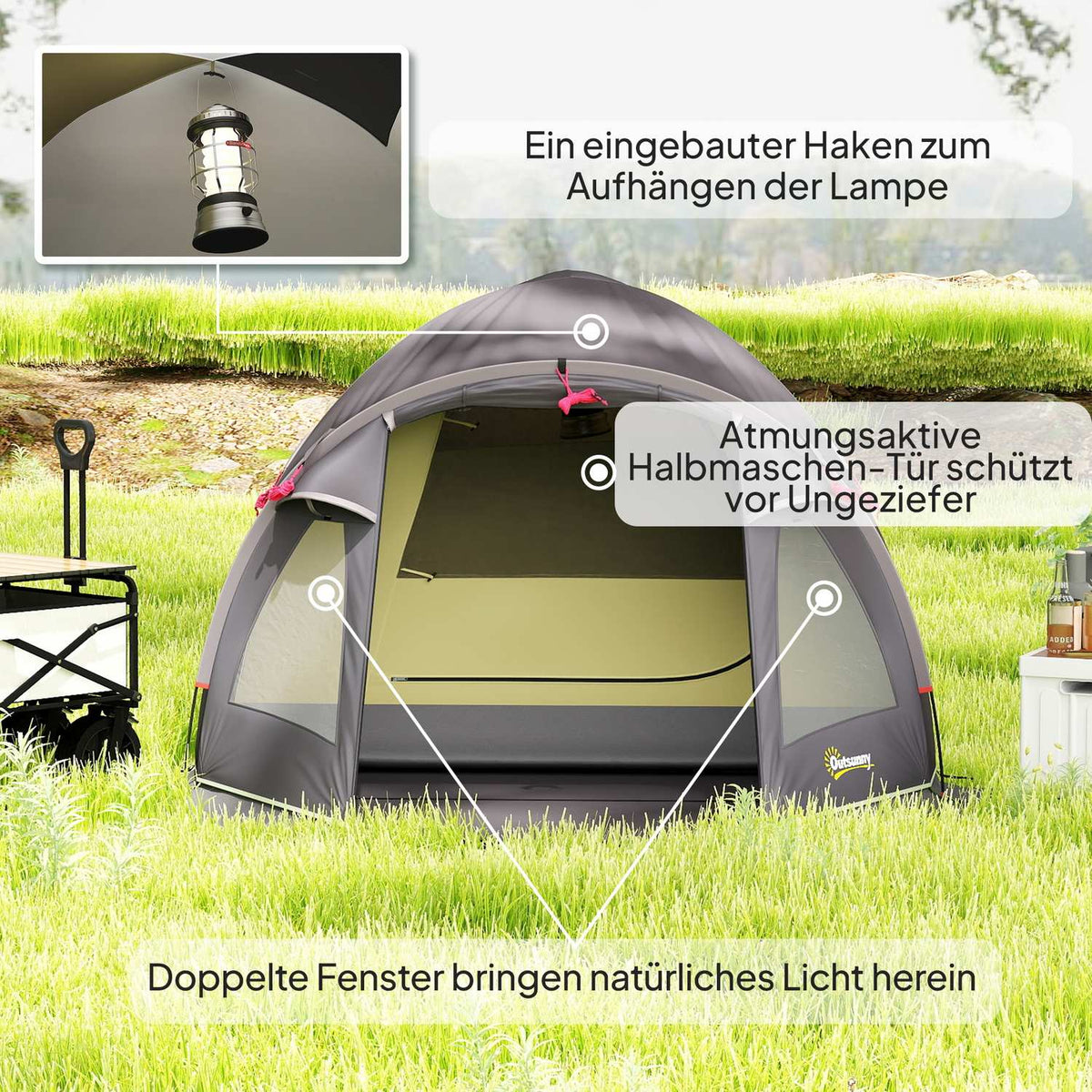 Camping tent for 4 people, lightweight, stable, UV 50+ tunnel tent with canopy, side door and window, black